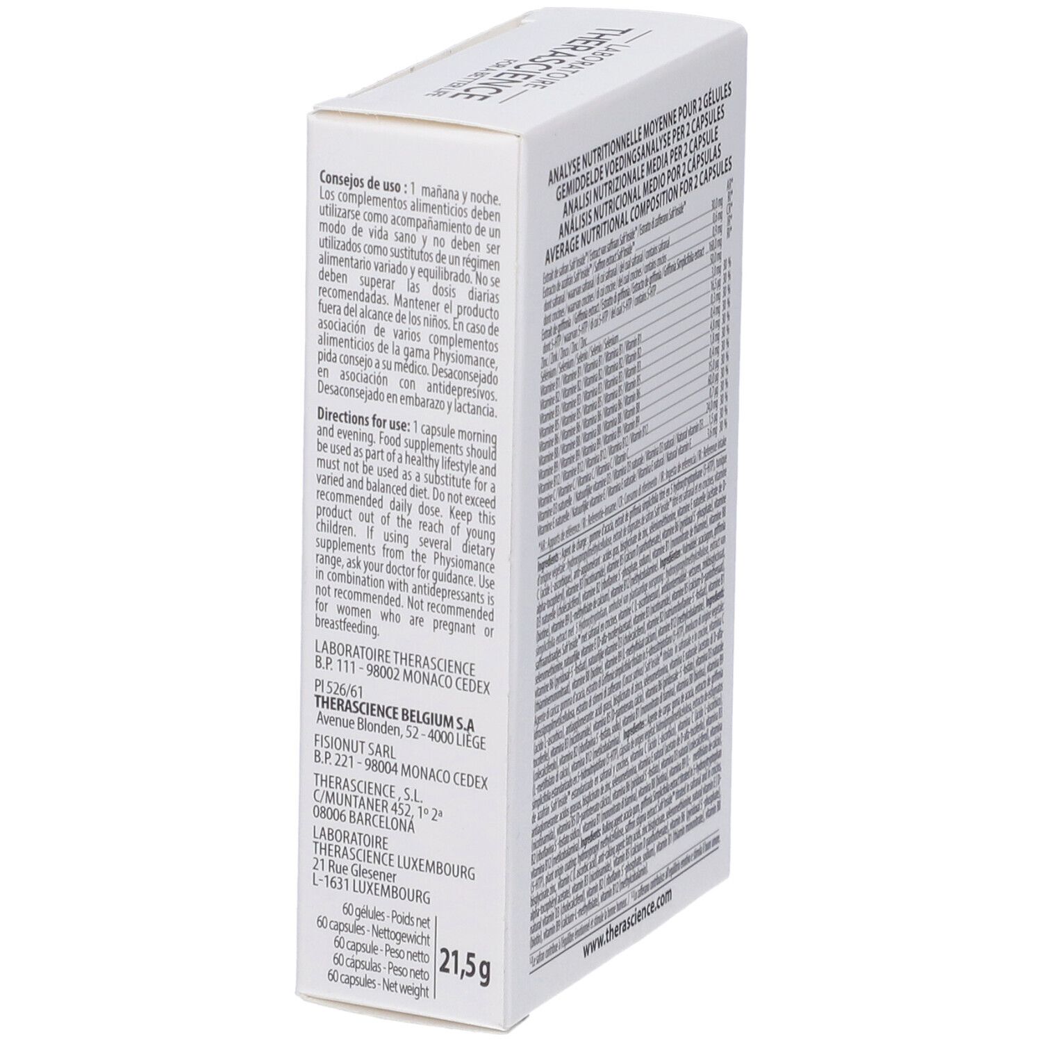 Lato della scatola bianca con testo multilingue. Informazioni sull'uso e l'indirizzo del produttore. Marchio THERASCIENCE.