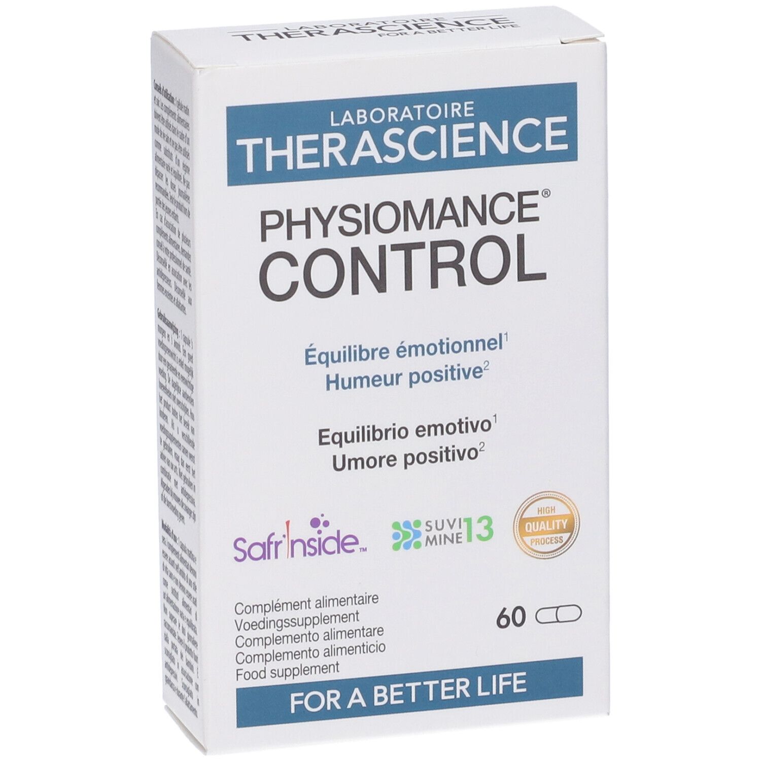 Scatola bianca PHYSIOMANCE CONTROL. Contiene 60 capsule. Testo in francese, italiano, olandese e inglese. Marchio THERASCIENCE.