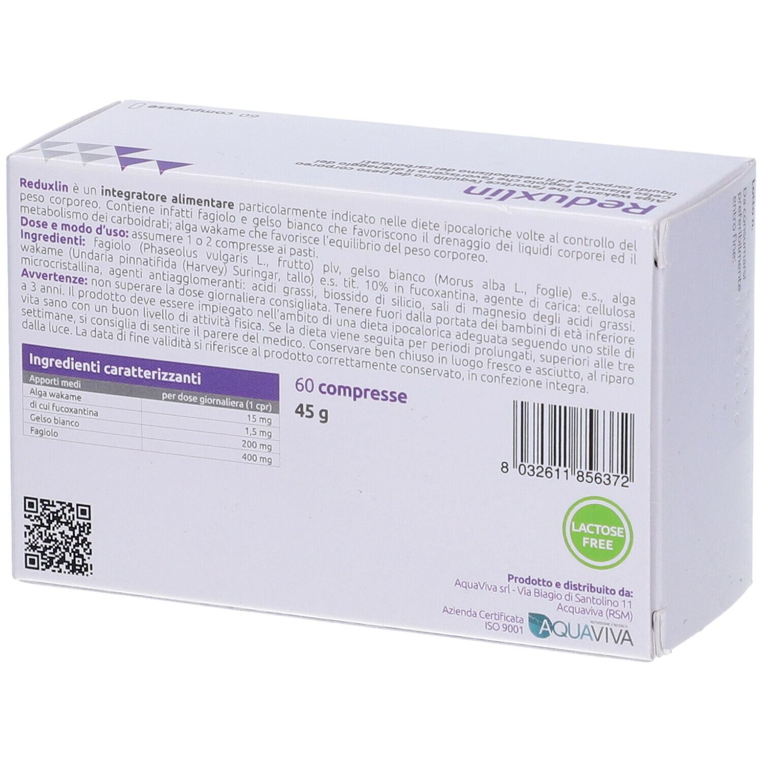 Scatola bianca, in diagonale. Scritta: Reduxlin. Loghi: Nutrifarma, Greenvit. 60 compresse. Testo: Alga Wakame.