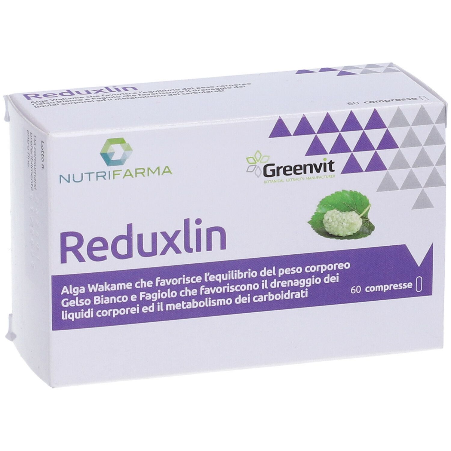 Scatola bianca. Scritta: Reduxlin. Loghi: Nutrifarma, Greenvit. 60 compresse. Testo: Alga Wakame, Gelse Bianco, Fagiolo.