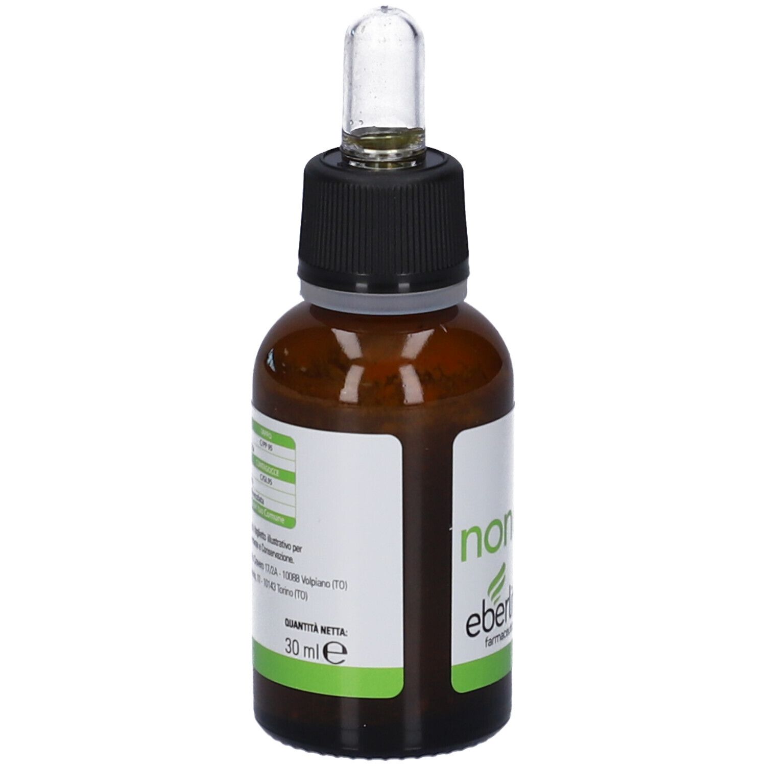 Flacone di vetro marrone con tappo nero e contagocce. Etichetta bianca con testo e linea verde. 30 ml.