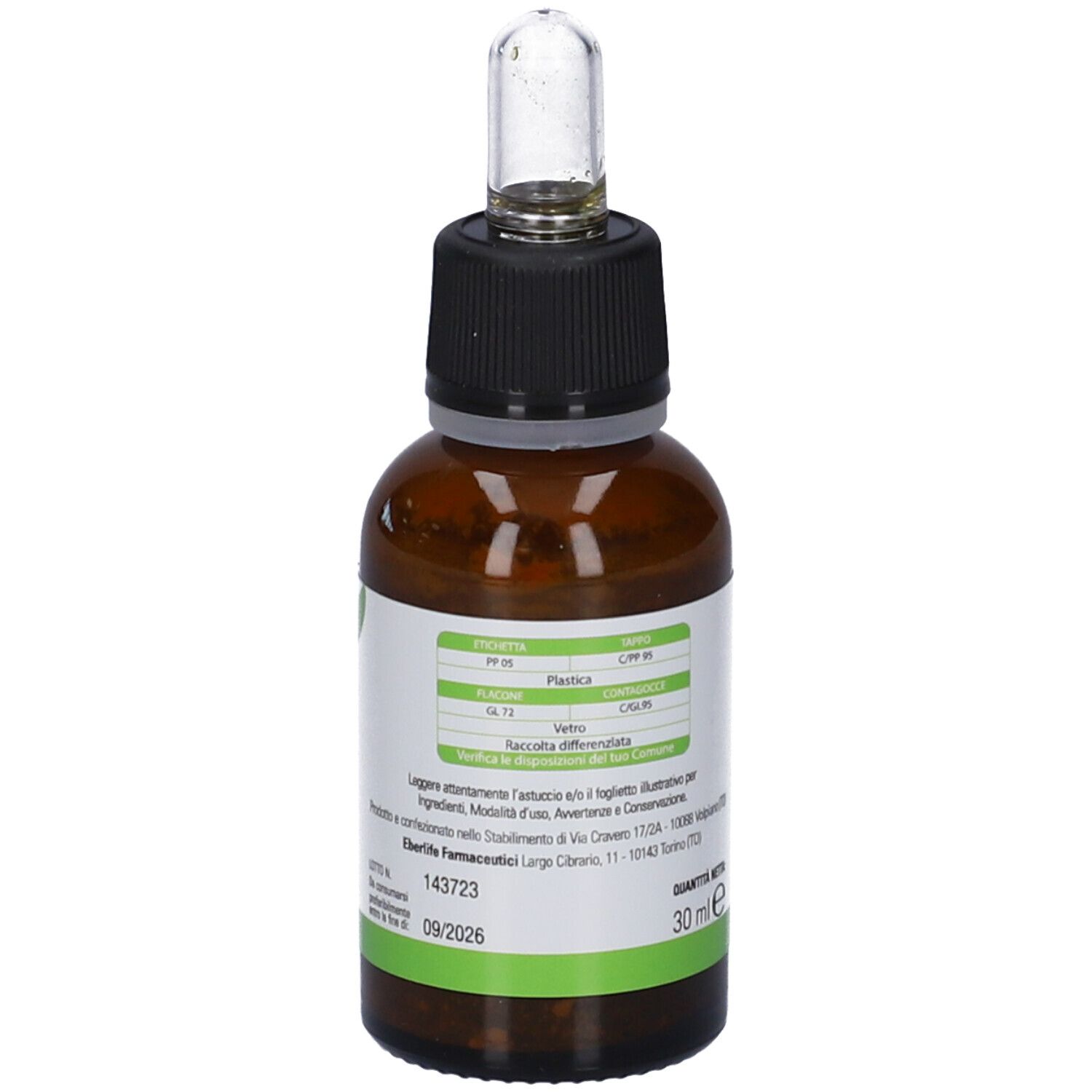 Flacone di vetro marrone con tappo nero e contagocce. Etichetta bianca con testo e linea verde. 30 ml.