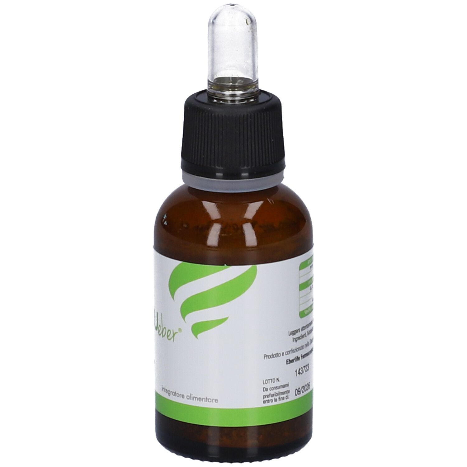 Flacone di vetro marrone con tappo nero e contagocce. Etichetta bianca con logo verde e testo.