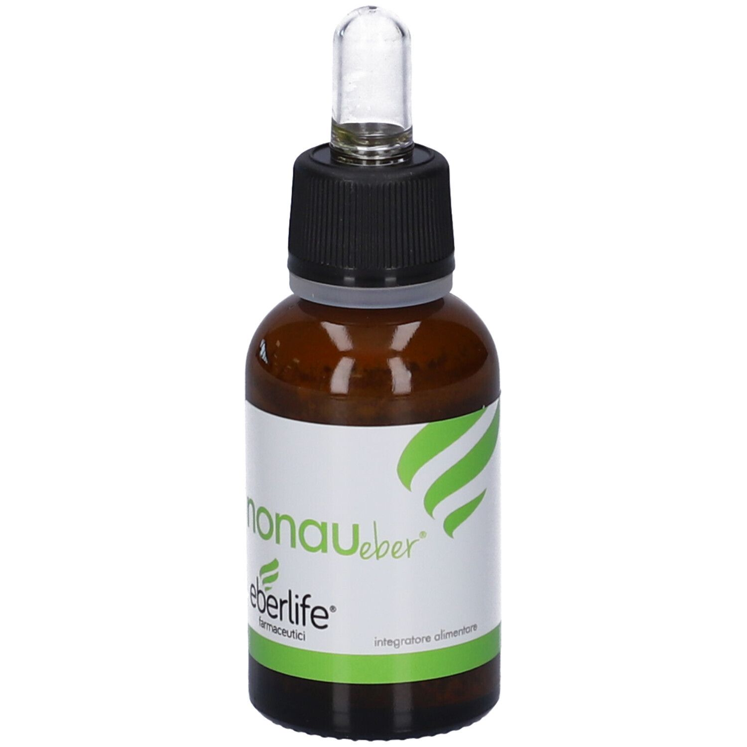 Flacone di vetro marrone con tappo nero e contagocce. Etichetta bianca con logo verde e testo.