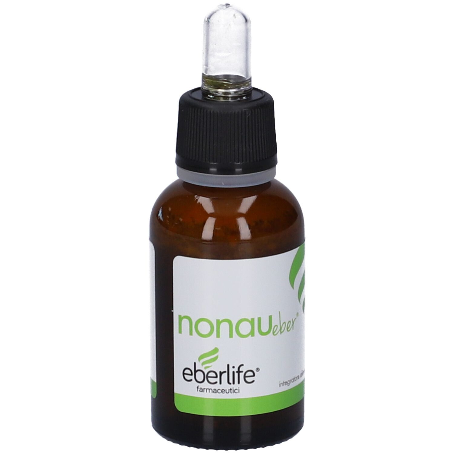 Flacone di vetro marrone con tappo nero e contagocce. Etichetta bianca con logo verde e testo.