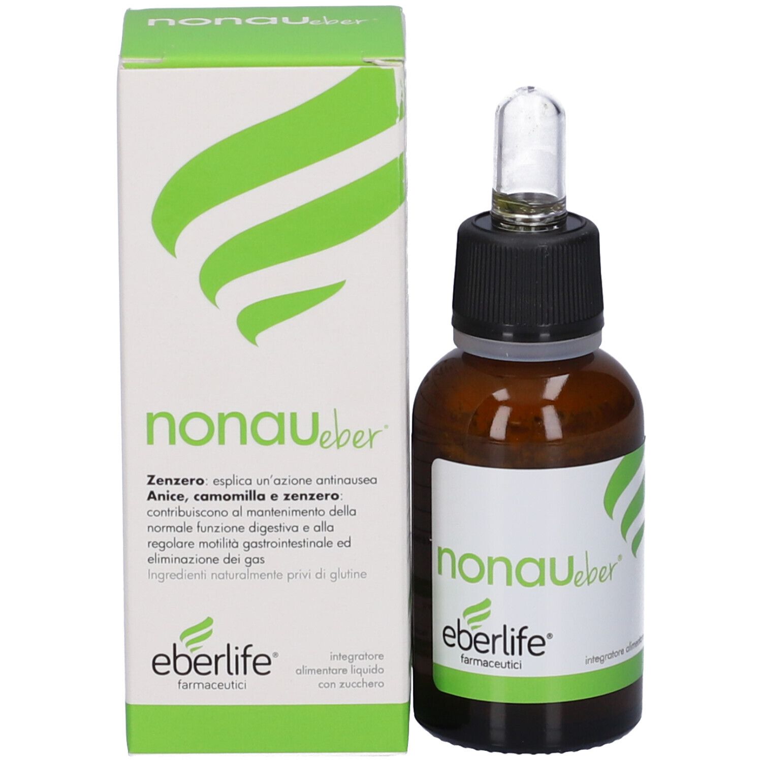 Flacone di vetro marrone con contagocce e scatola. Scatola con testo e logo verde. Bottiglia accanto.