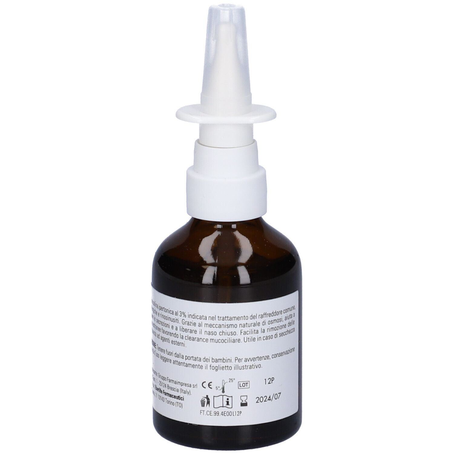 Flacone marrone con nebulizzatore bianco. Etichetta con informazioni sul prodotto.