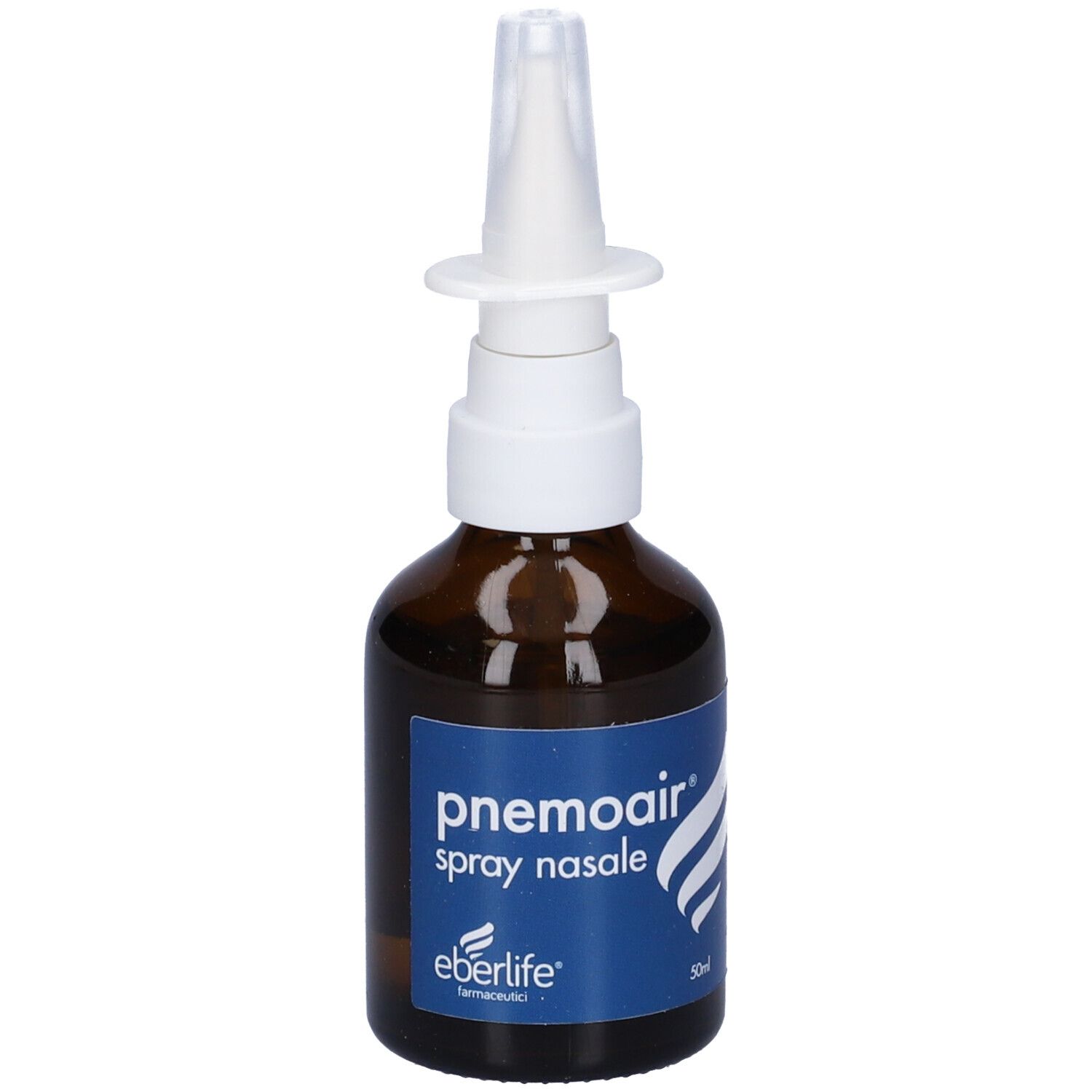 Flacone marrone con nebulizzatore bianco. Etichetta "pnemoir spray nasale" e logo.