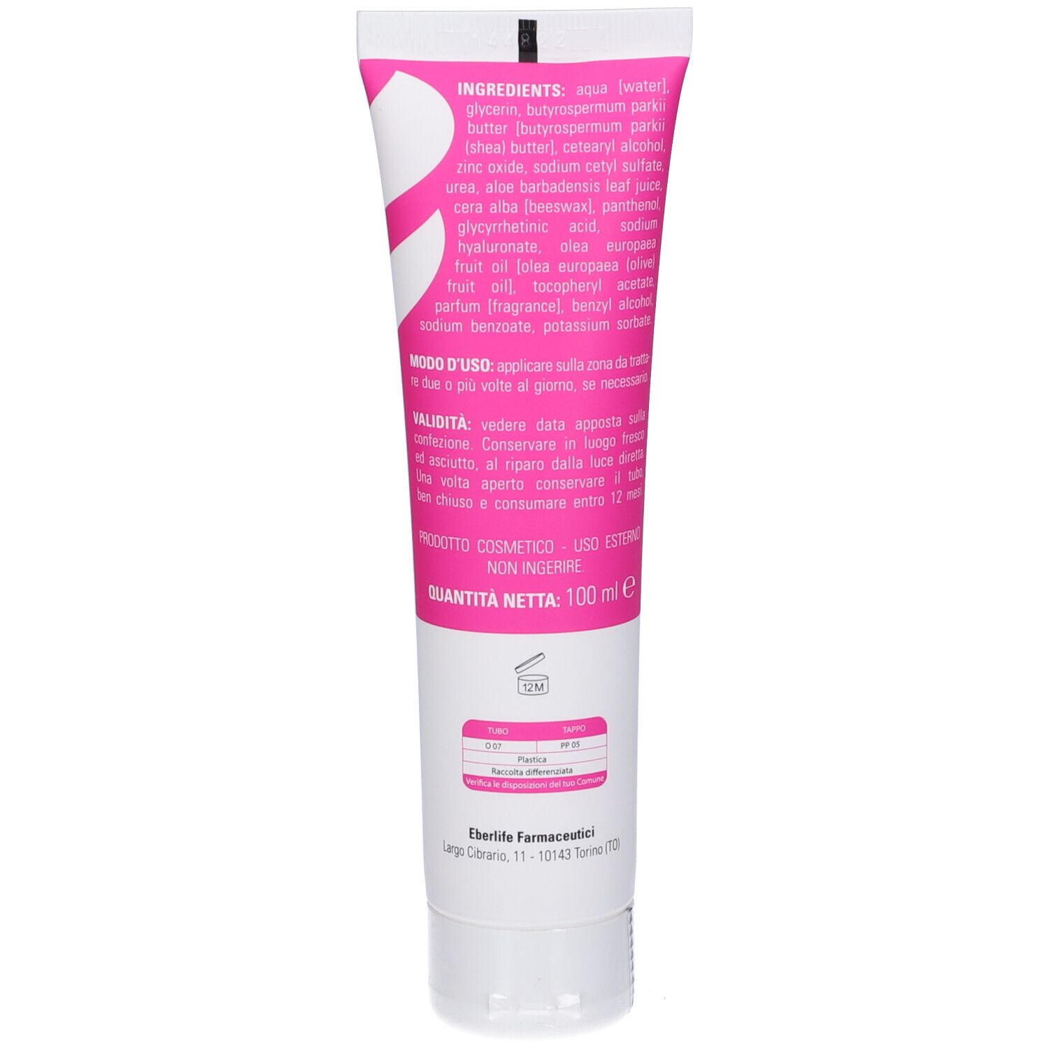 Retro del tubo con ingredienti e istruzioni per l'uso. Sfondo rosa, testo bianco.