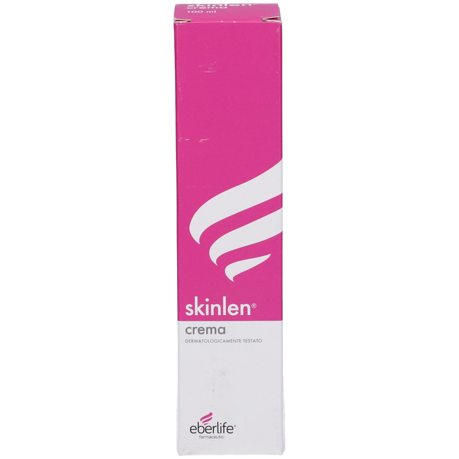 Scatola con design rosa e bianco. Nome del prodotto e logo visibili. Testo in basso.