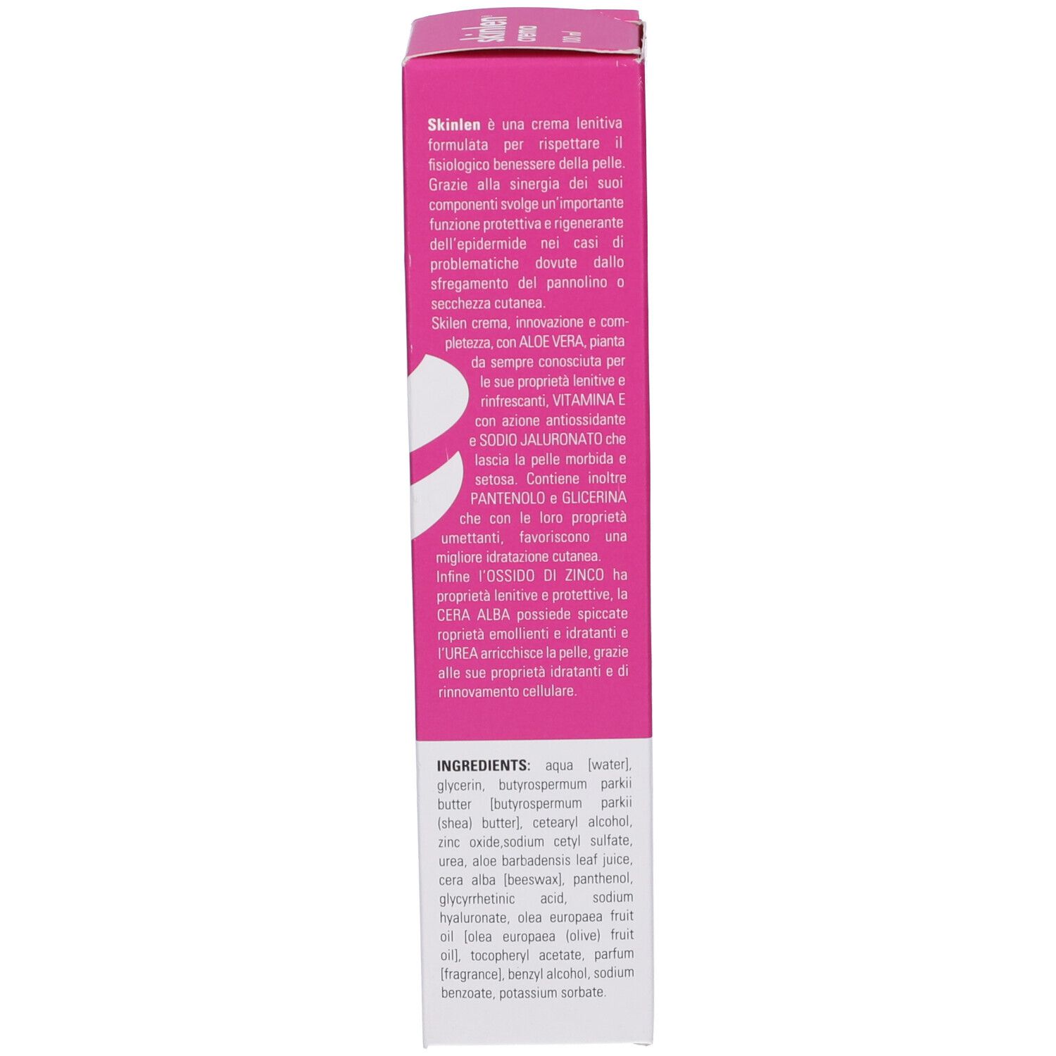 Scatola con ingredienti e descrizione del prodotto. Sfondo rosa, testo bianco.