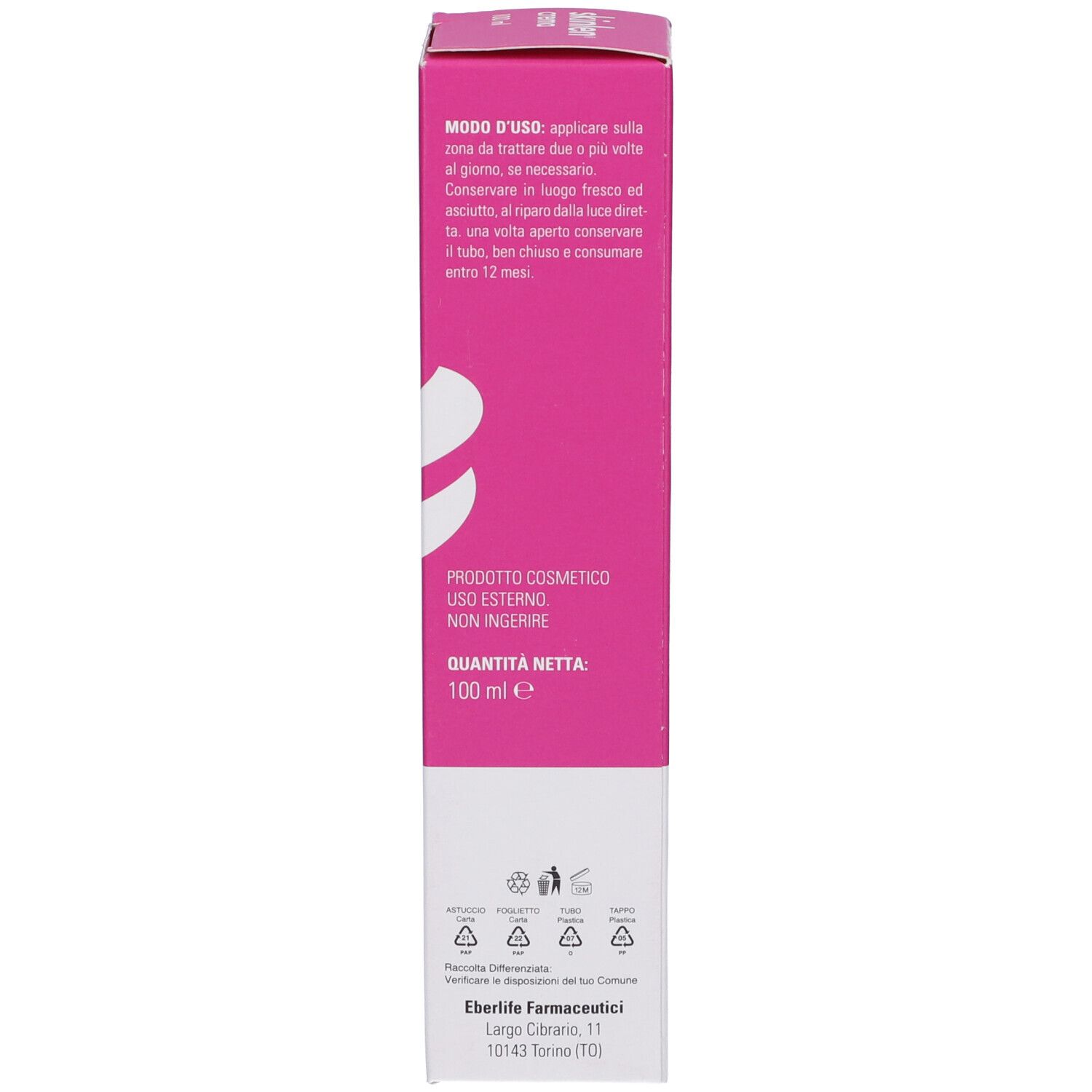 Retro della scatola con istruzioni per l'uso e informazioni. Sfondo rosa, testo bianco.