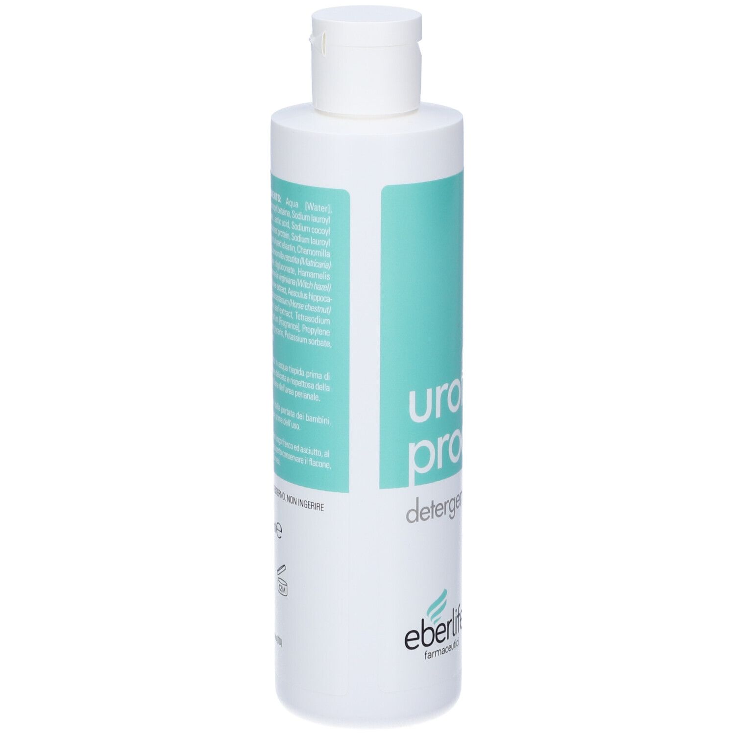 Flacone bianco-turchese con tappo bianco. Scritta: Urofresh Procto, detergente intimo. Marchio: eberlife.
