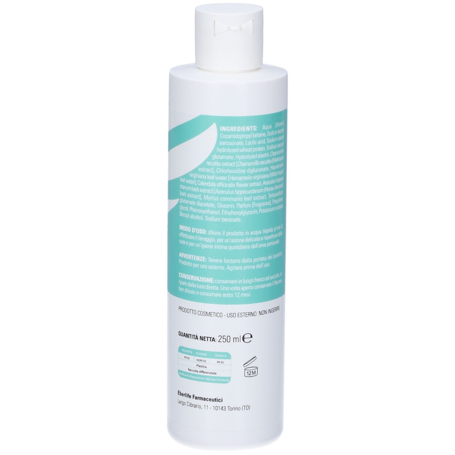 Retro di un flacone bianco-turchese. Scritta: ingredienti, istruzioni per l'uso, quantità 250 ml. Marchio: eberlife.