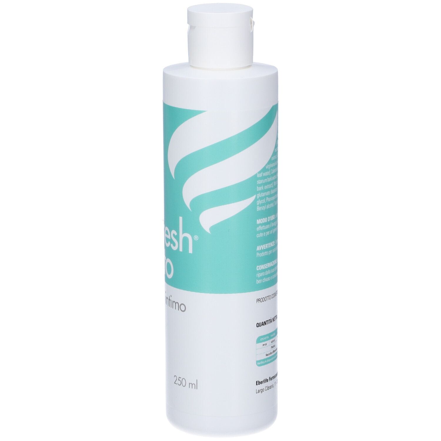 Flacone bianco-turchese con tappo bianco. Scritta: Urofresh Procto, detergente intimo. Marchio: eberlife.