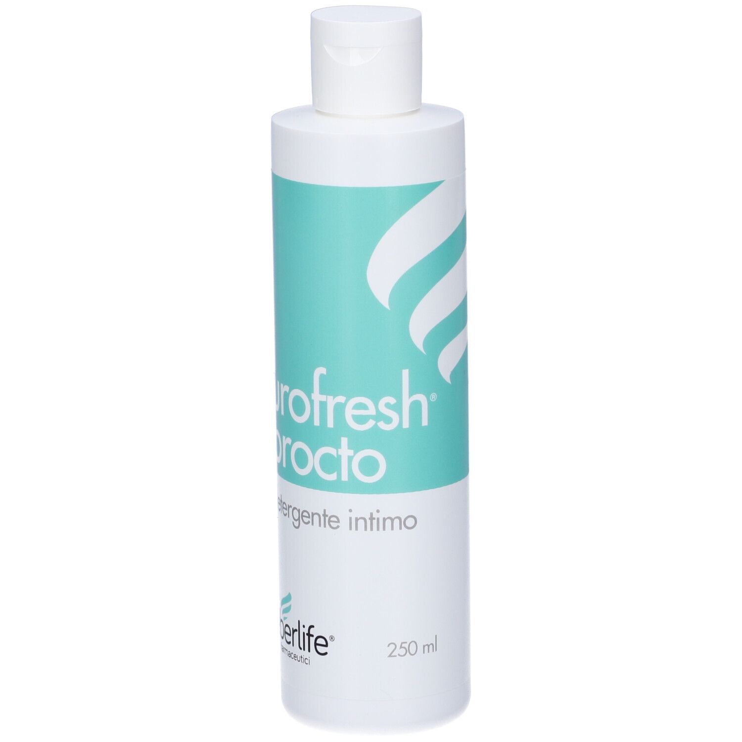 Flacone bianco-turchese con tappo bianco. Scritta: Urofresh Procto, detergente intimo. Marchio: eberlife.