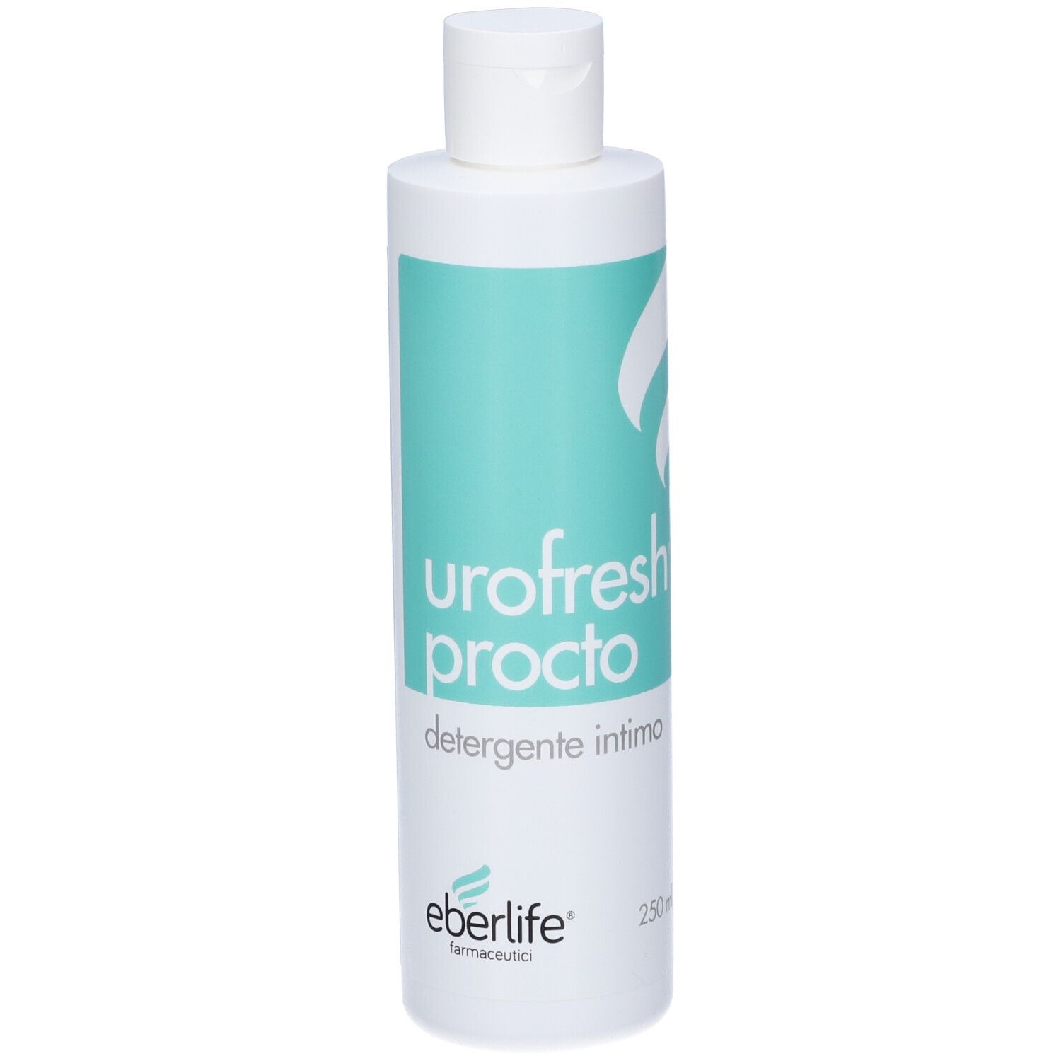 Flacone bianco-turchese con tappo bianco. Scritta: Urofresh Procto, detergente intimo. Marchio: eberlife.
