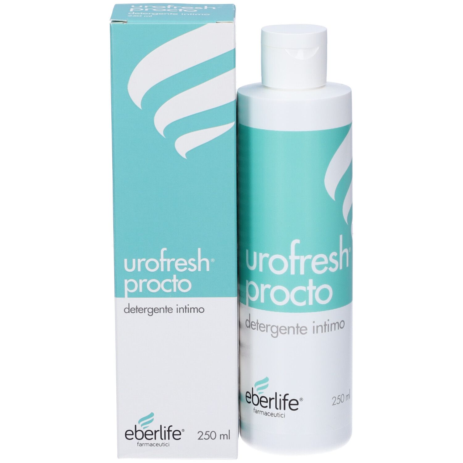 Flacone e confezione del prodotto. Scritta: Urofresh Procto, detergente intimo. Marchio: eberlife. Quantità: 250 ml.