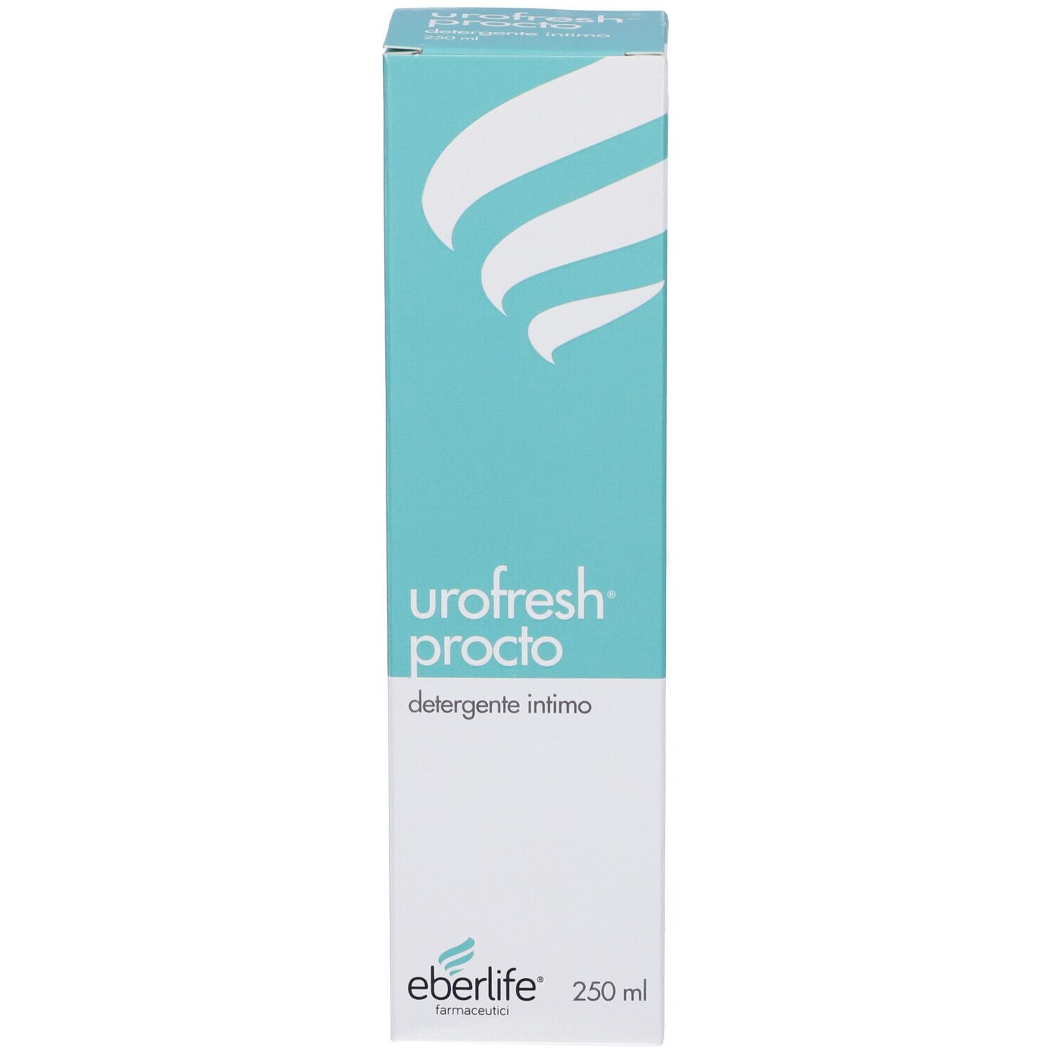 Confezione turchese e bianca. Scritta: Urofresh Procto, detergente intimo. Marchio: eberlife. Quantità: 250 ml.