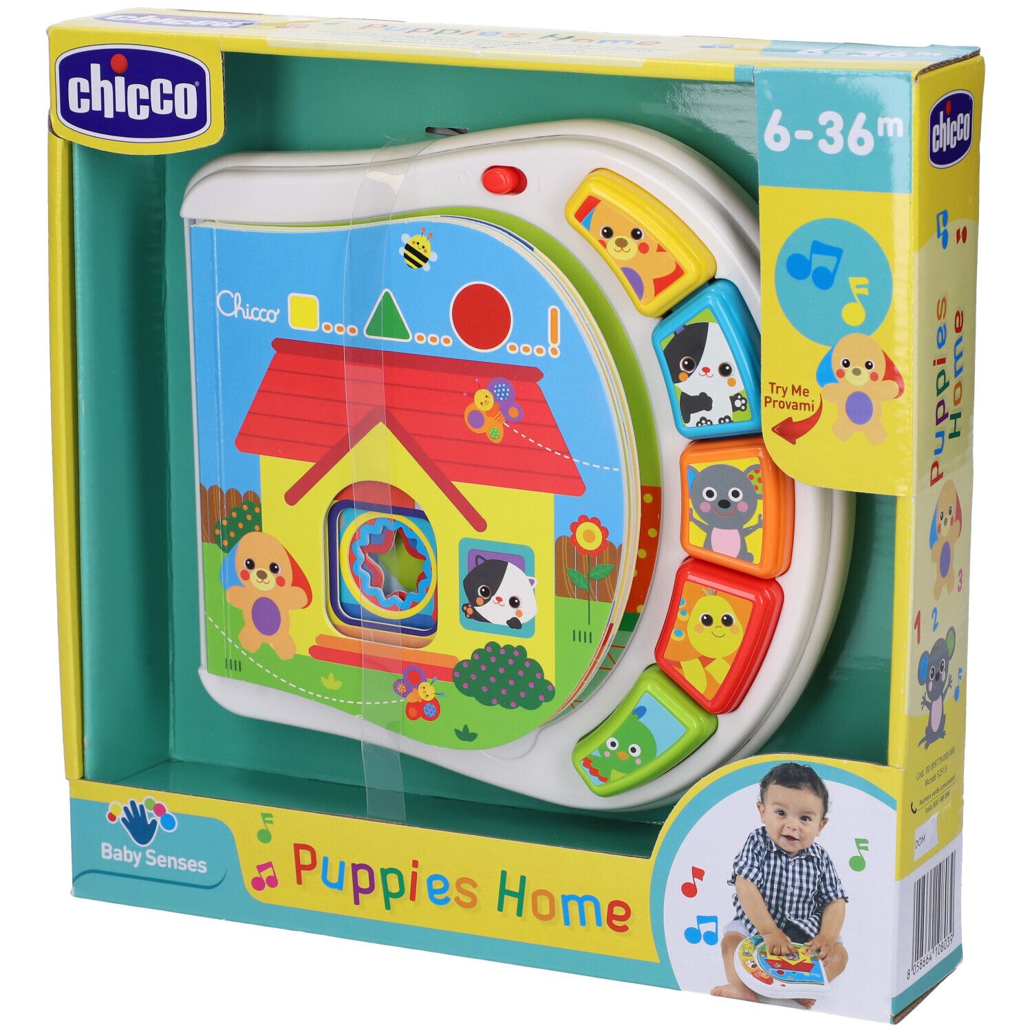 Libro giocattolo con casa e animali. Confezionato in scatola. Età: 6-36 mesi.