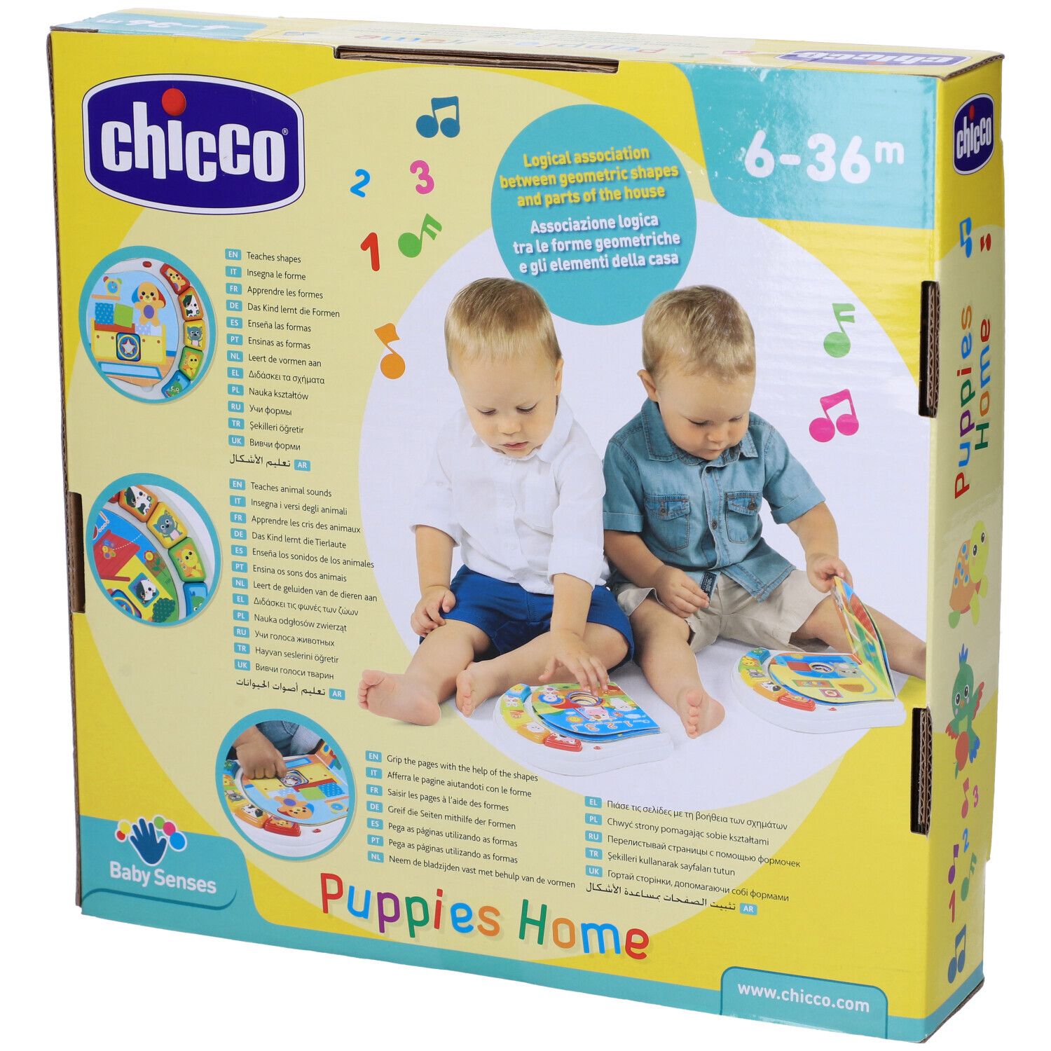 Retro della confezione. Bambini che giocano con il libro giocattolo. Età: 6-36 mesi.