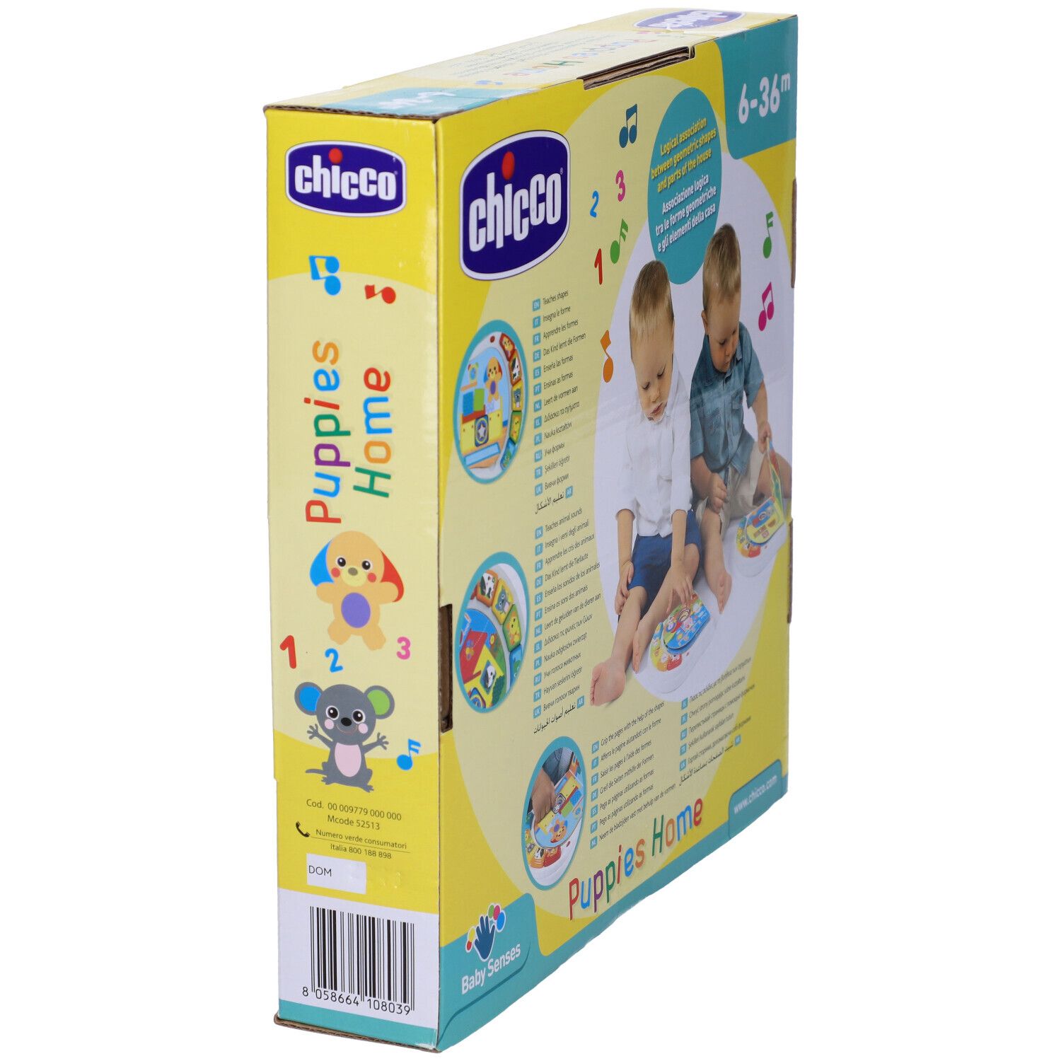 Vista laterale della confezione. Libro giocattolo e raccomandazione di età: 6-36 mesi.