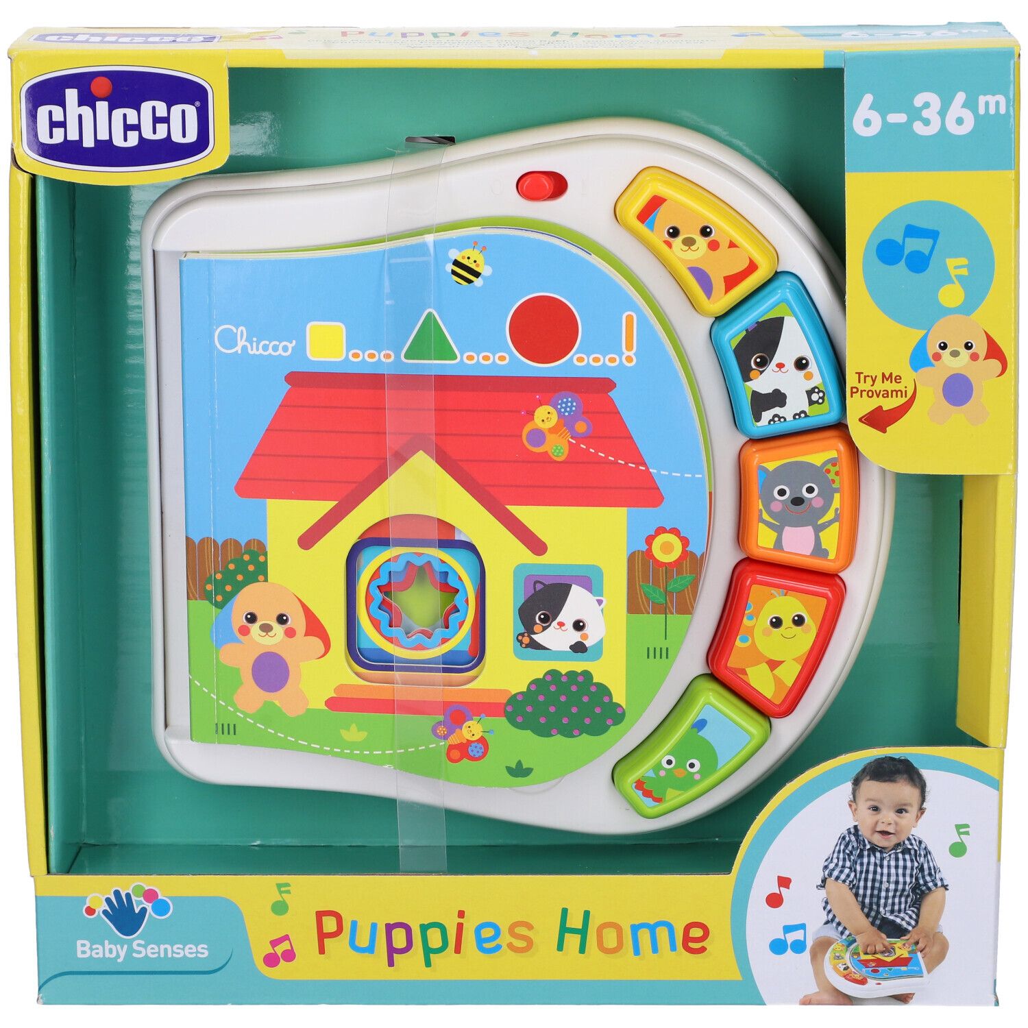 Libro giocattolo con casa e animali. Confezionato in scatola. Età: 6-36 mesi.