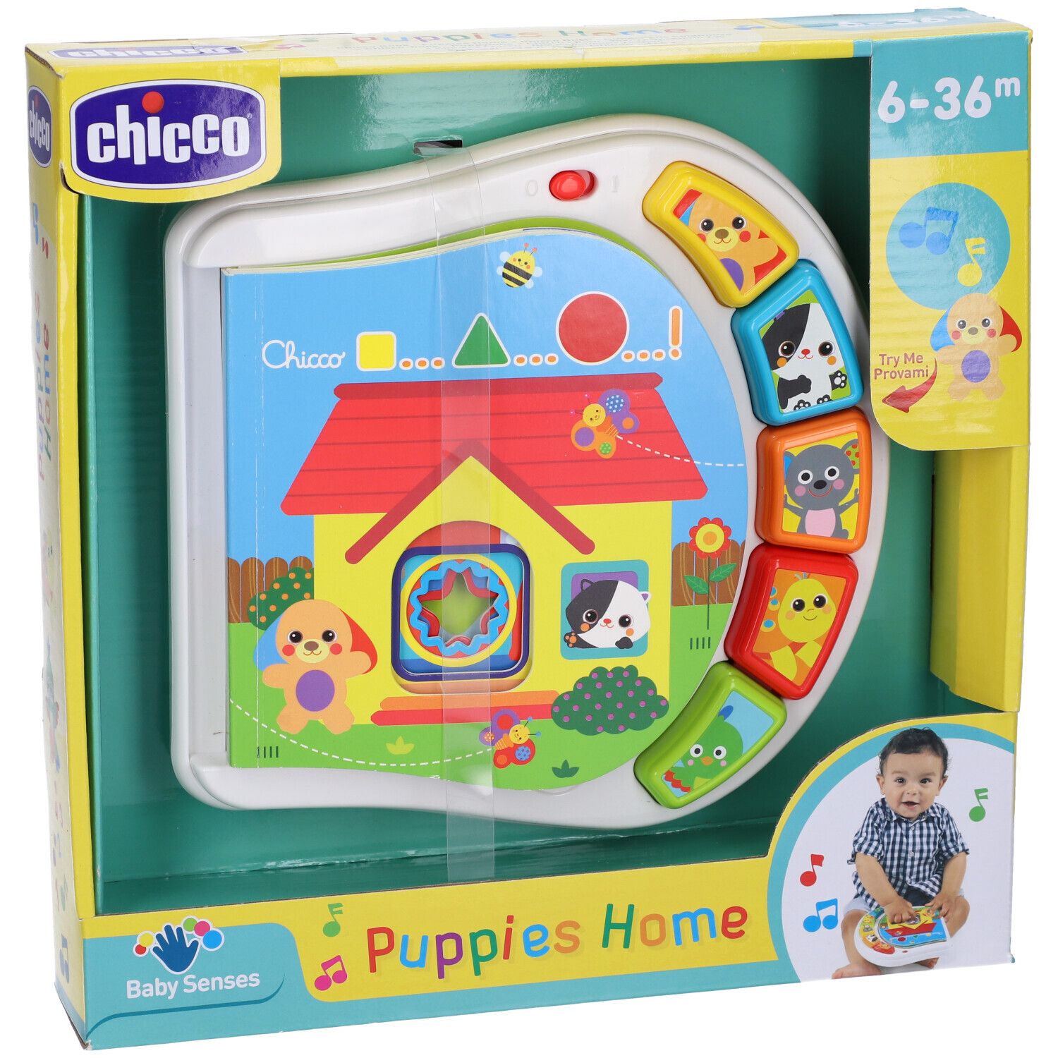 Libro giocattolo con casa e animali. Confezionato in scatola. Età: 6-36 mesi.