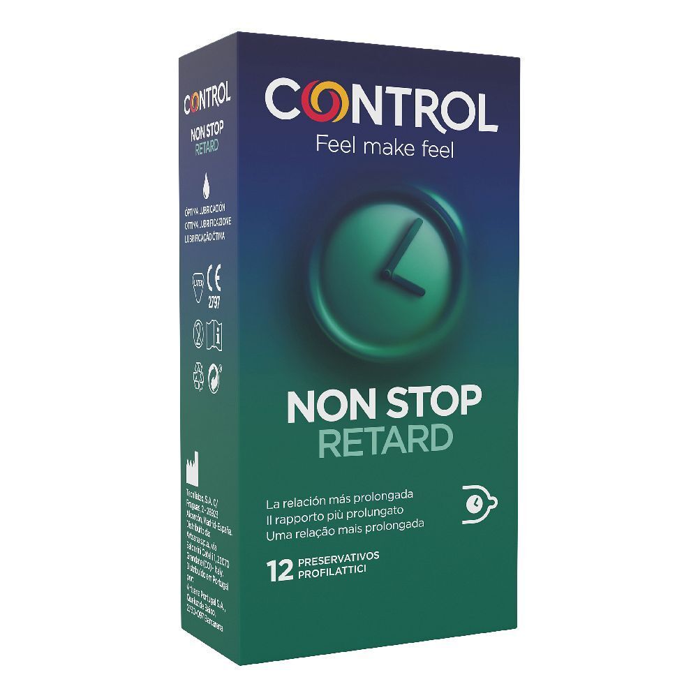 Scatola di preservativi CONTROL NON STOP RETARD. 12 pezzi. Colori verde e blu. Logo orologio.