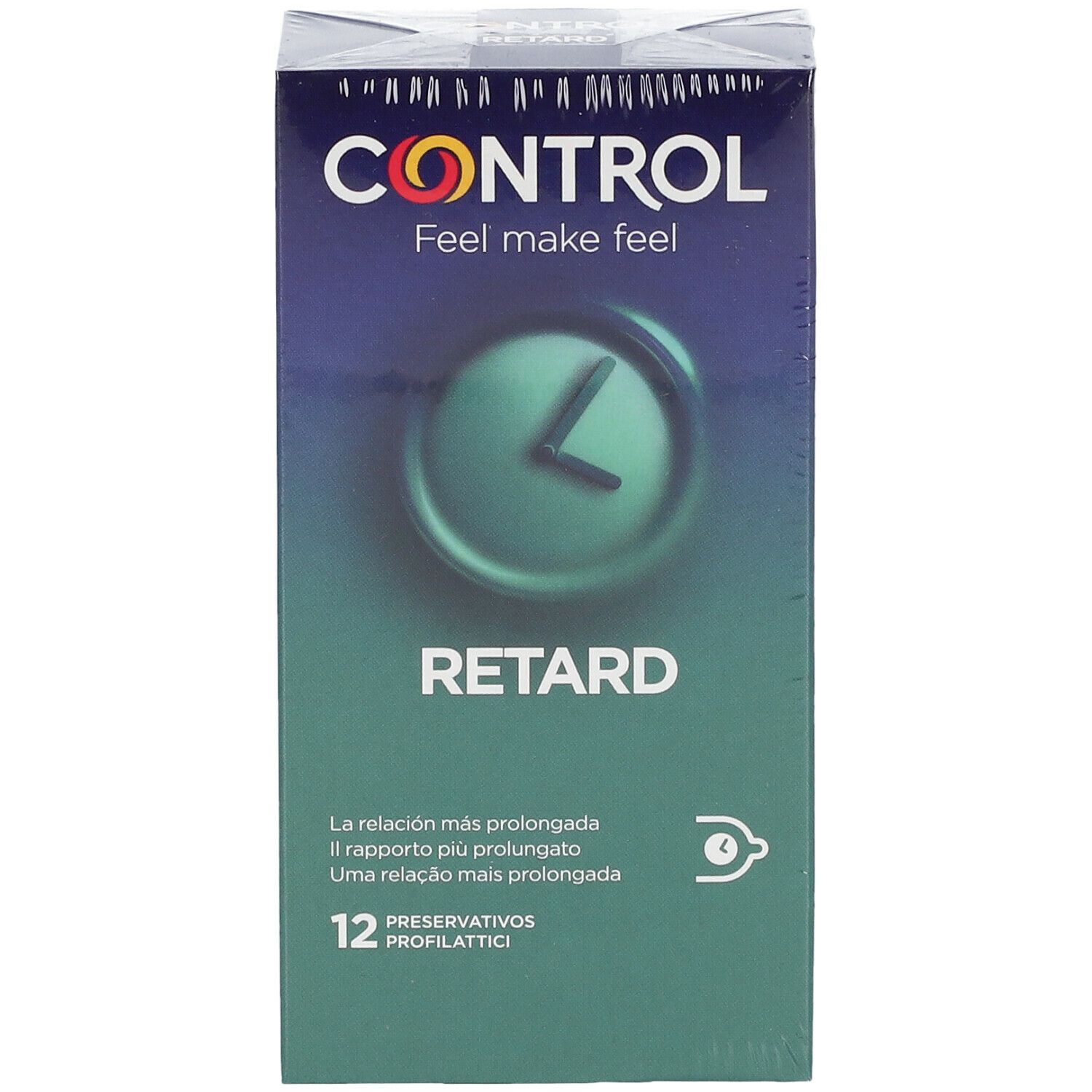 Confezione di preservativi CONTROL RETARD. 12 pezzi. Colori verde e blu. Logo orologio.