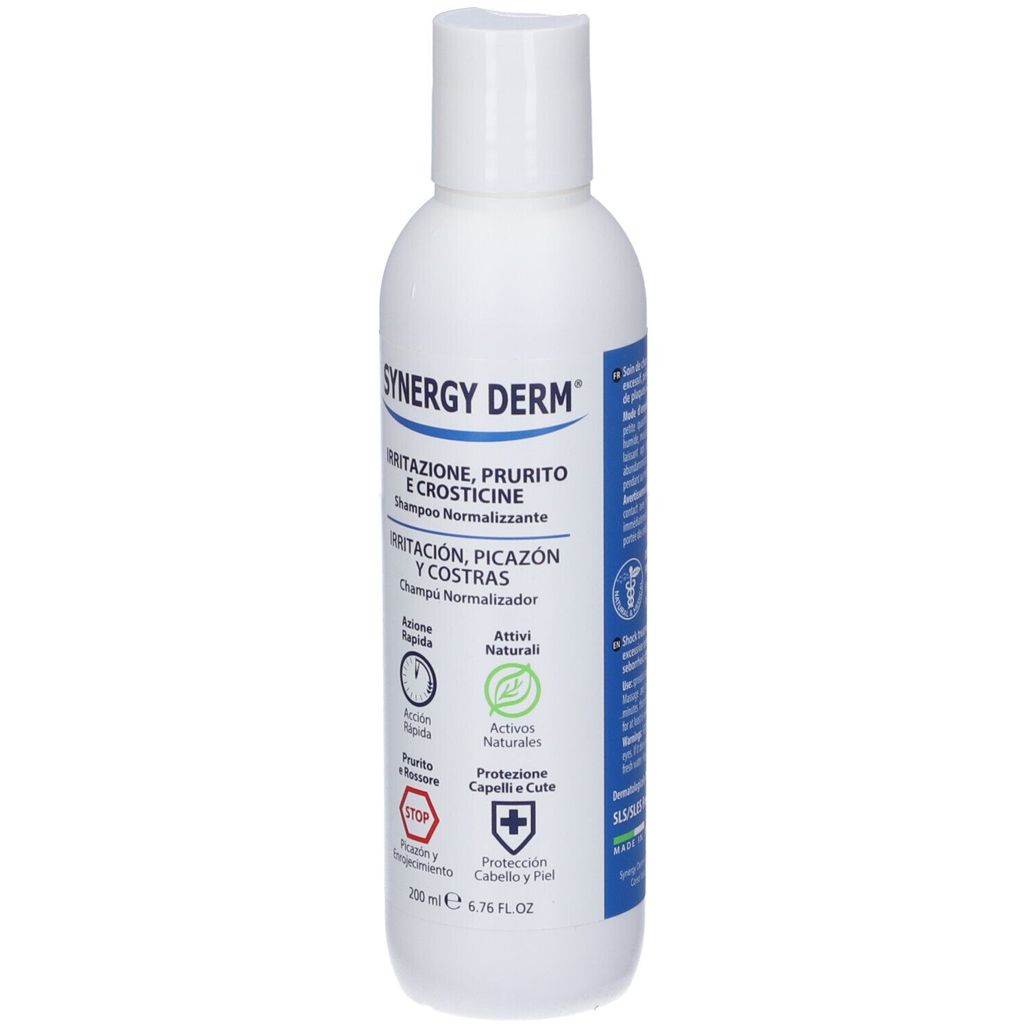 Flacone bianco con etichetta SYNERGY DERM. Testo: Irritazione, Prurito e Crosticine. Simboli: Azione rapida, Attivi naturali.