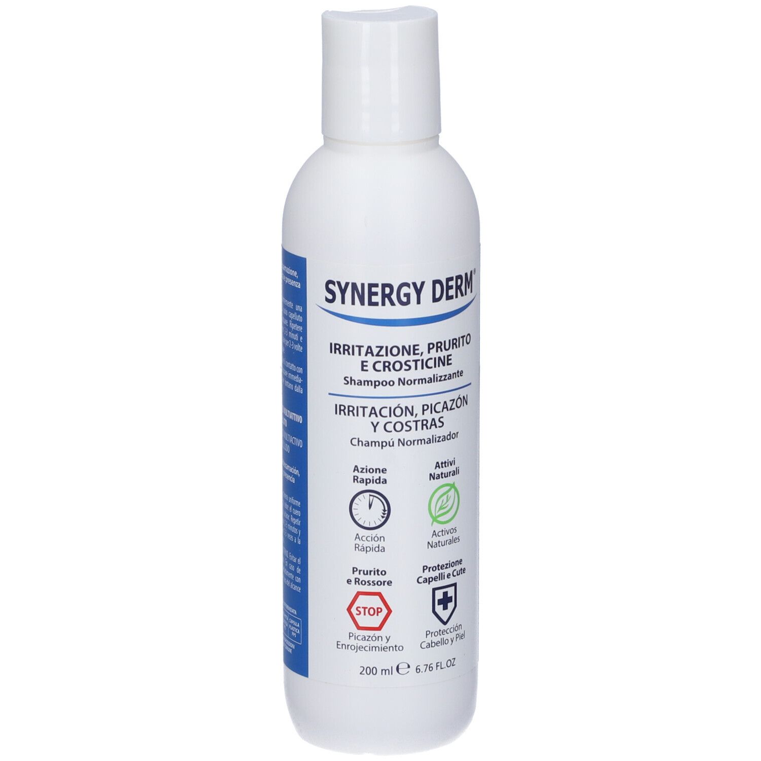 Flacone bianco con etichetta SYNERGY DERM. Testo: Irritazione, Prurito e Crosticine. Simboli: Azione rapida, Attivi naturali.