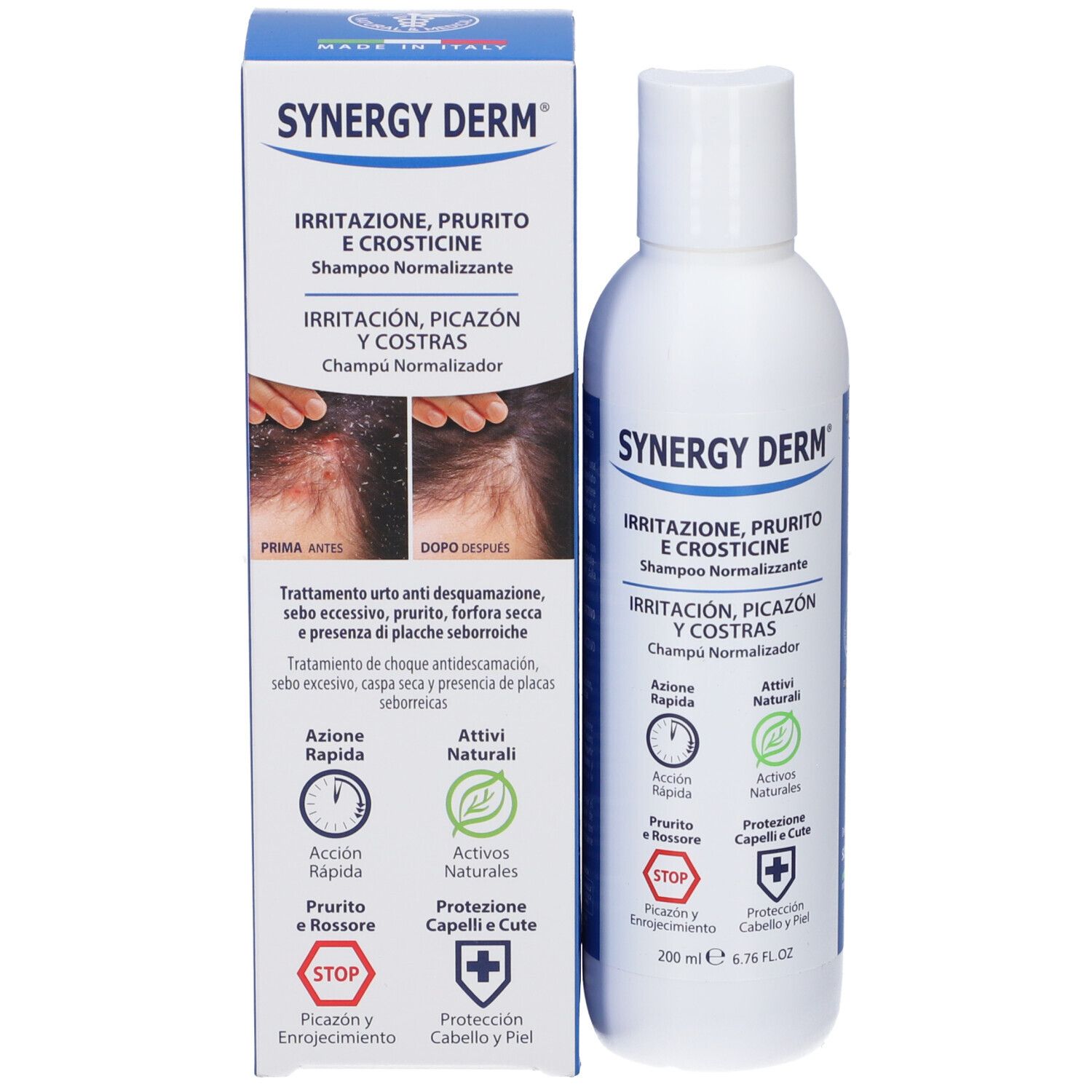 Confezione del prodotto: flacone e scatola. Testo: SYNERGY DERM, Irritazione, Prurito e Crosticine. Immagini prima/dopo.