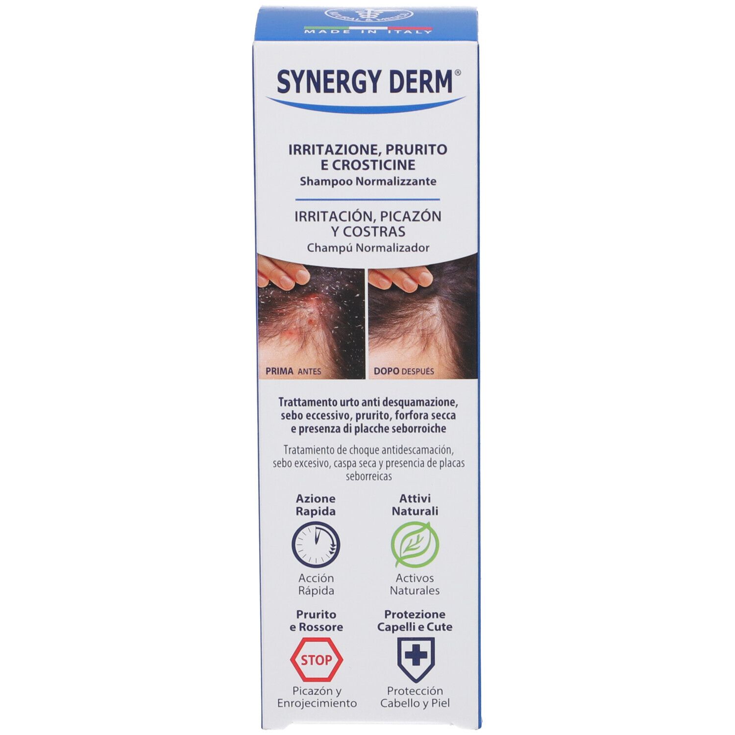Confezione del prodotto: scatola. Testo: SYNERGY DERM, Irritazione, Prurito e Crosticine. Immagini prima/dopo. Descrizione del prodotto.