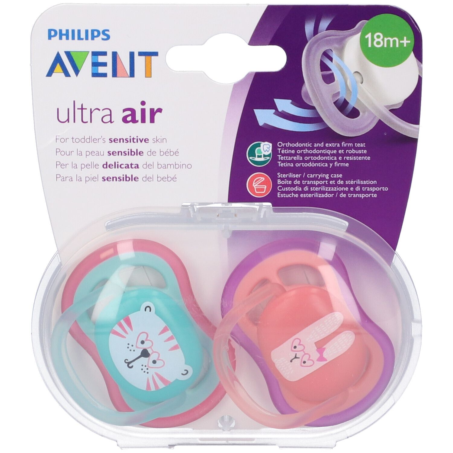 Avent Succhietti Ultra Air 18M+ Femmina Giraffa-Riccio 2 Pezzi