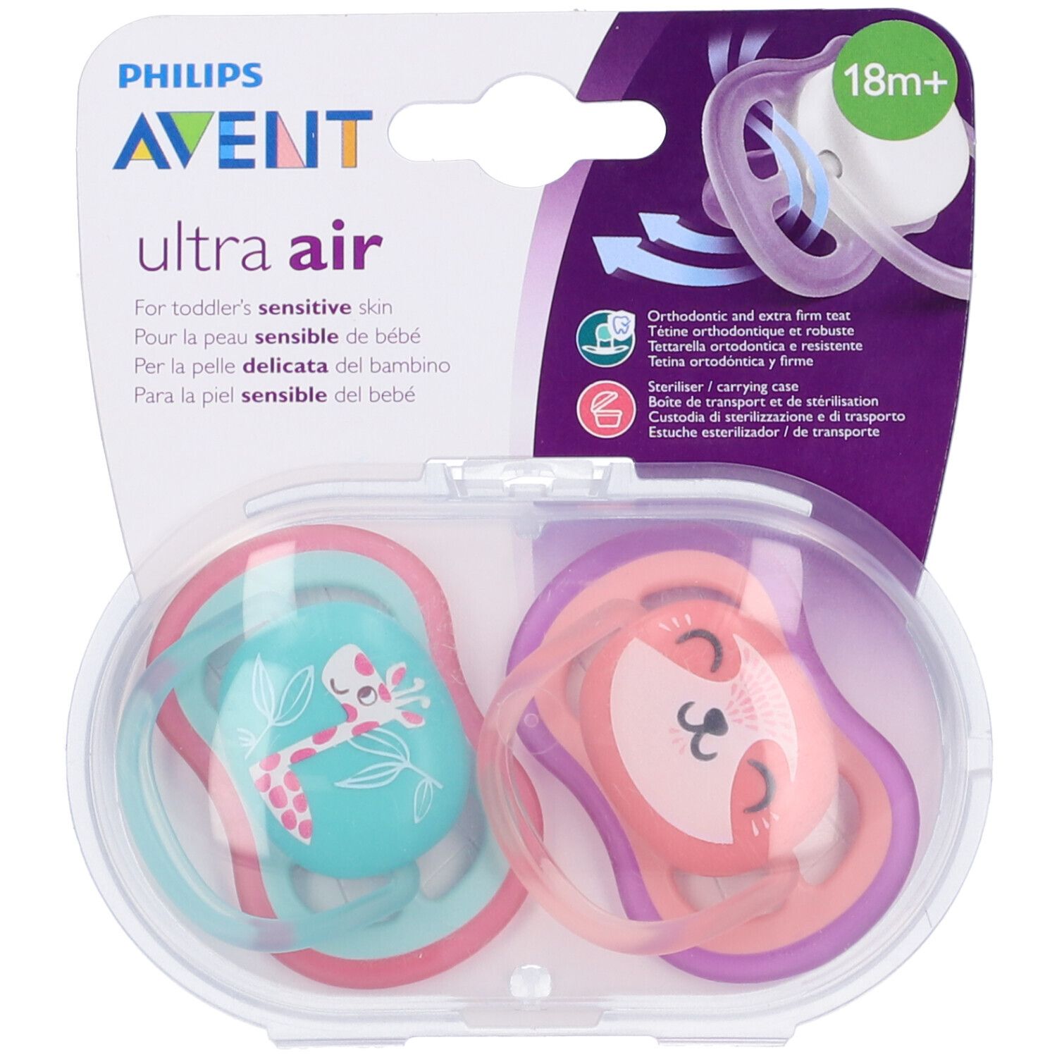 Confezione con due succhietti. Succhietti rosa e blu con disegni di animali. Confezione in plastica trasparente. Marchio Philips Avent.