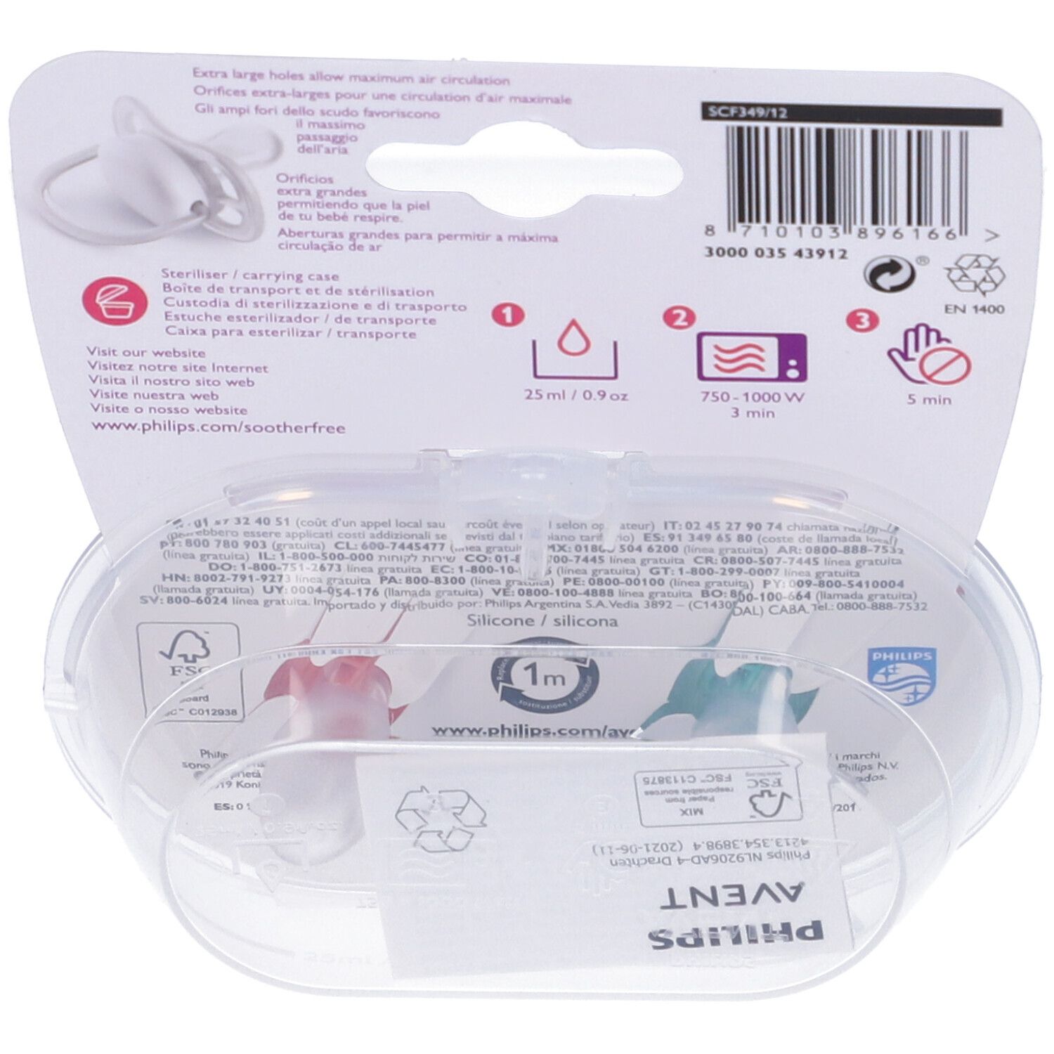 Retro della confezione. Contiene informazioni e simboli. Scatola di plastica trasparente. Marchio Philips Avent.