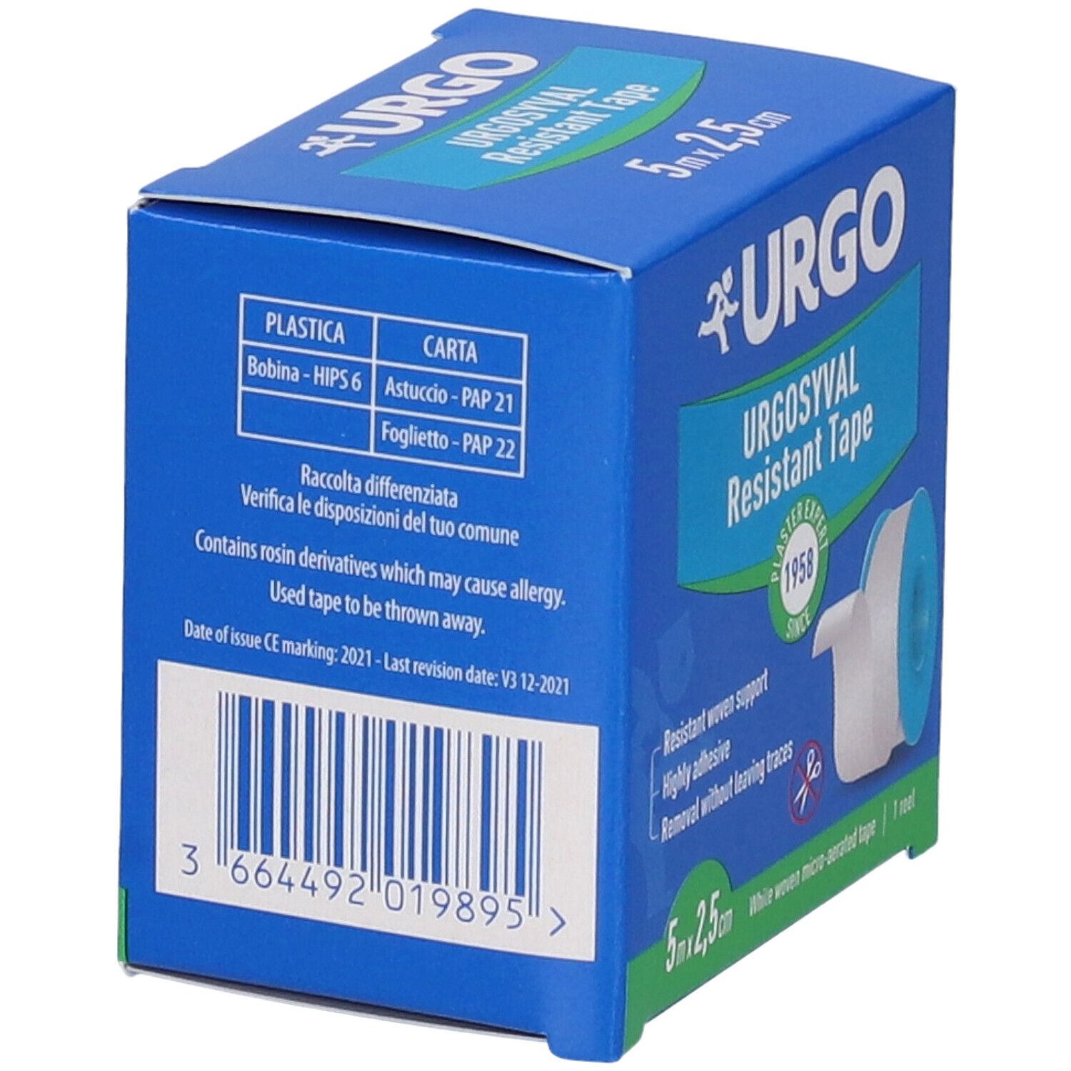 Retro della scatola blu. Logo Urgo, Urgosyval Resistant Tape. Codice a barre e testo su materiali e ingredienti.