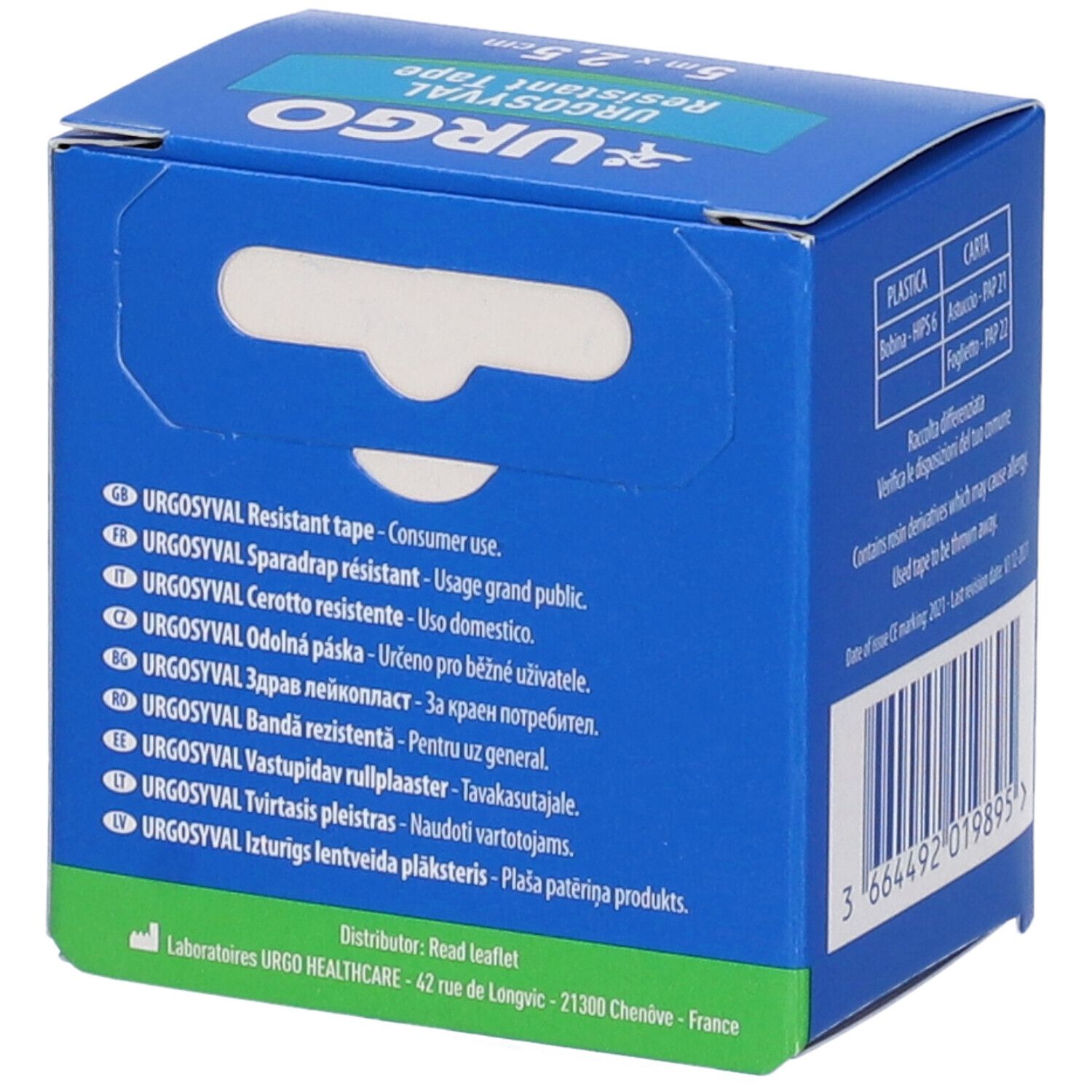 Retro della scatola blu. Logo Urgo, Urgosyval Resistant Tape. Testo multilingue, indirizzo del produttore e codice a barre.