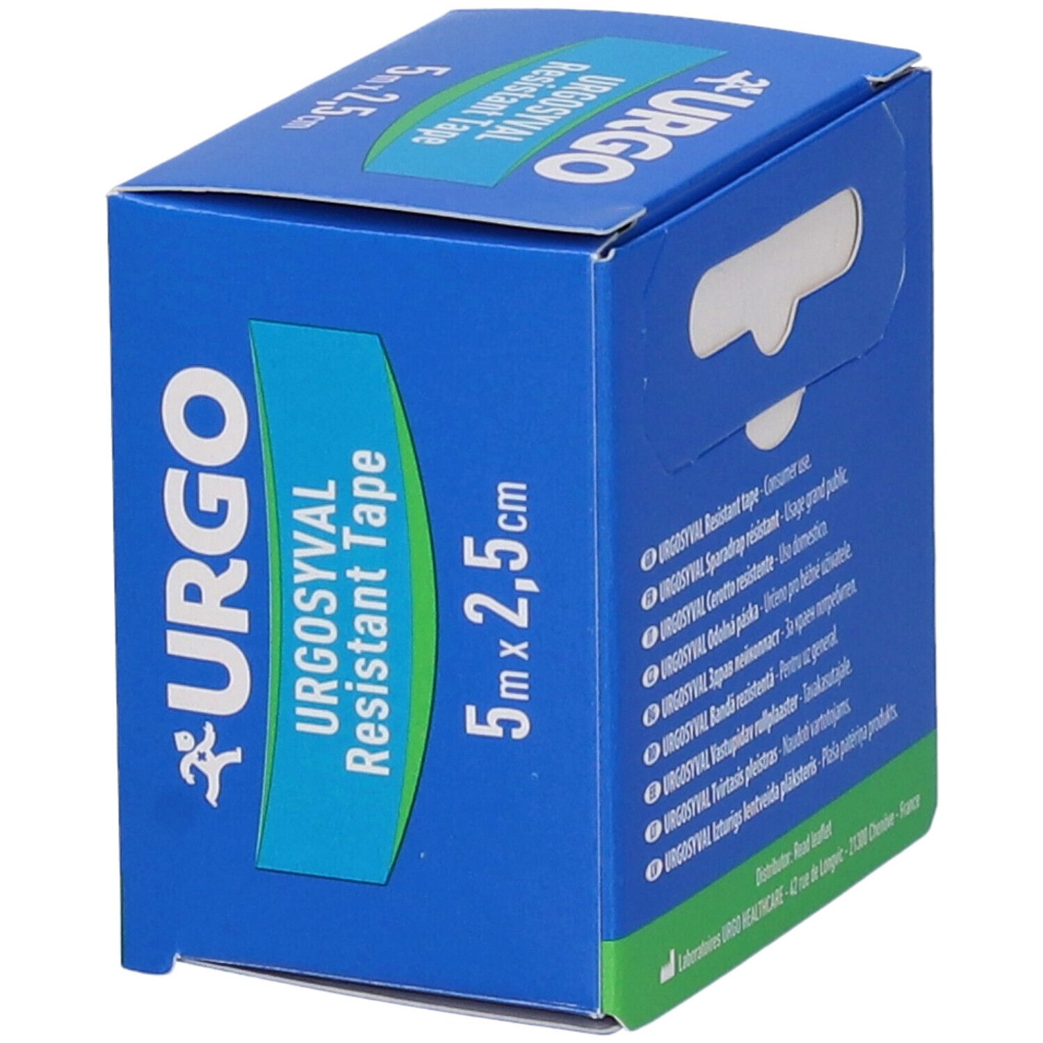 Scatola blu con logo Urgo e testo. Contiene Urgosyval Resistant Tape, 5m x 2,5cm. Vista dall'alto.