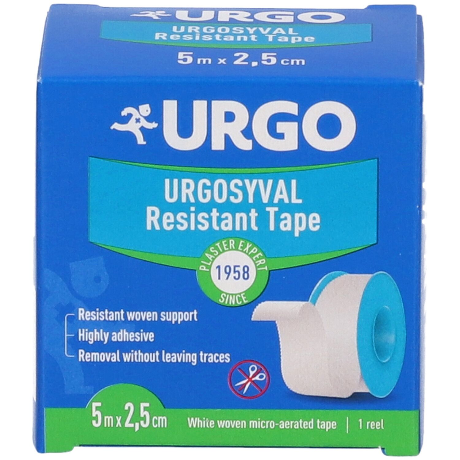 Scatola blu con logo Urgo e testo. Contiene Urgosyval Resistant Tape, 5m x 2,5cm. Rotolo di cerotto visibile.