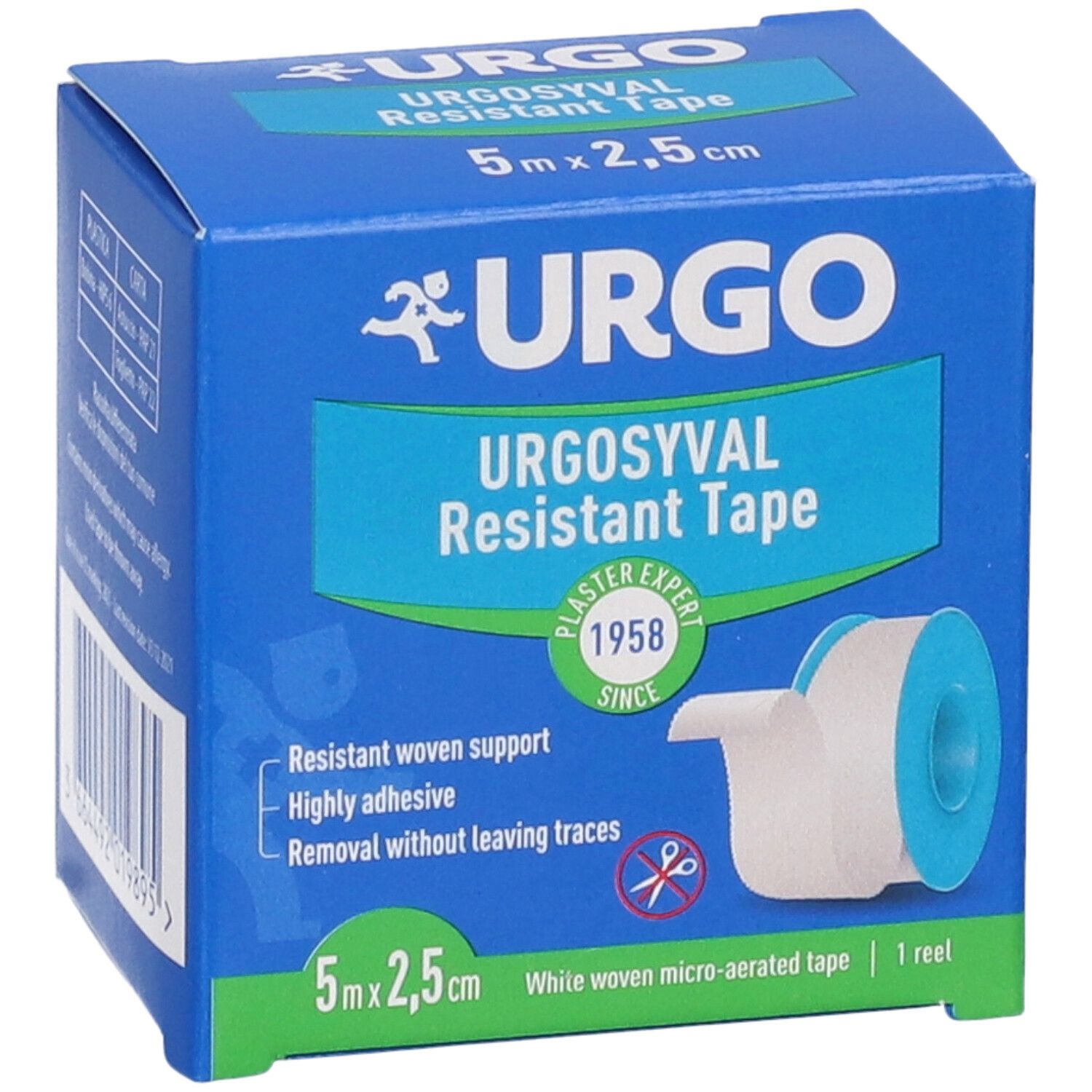Scatola blu con logo Urgo e testo. Contiene Urgosyval Resistant Tape, 5m x 2,5cm. Rotolo di cerotto visibile.