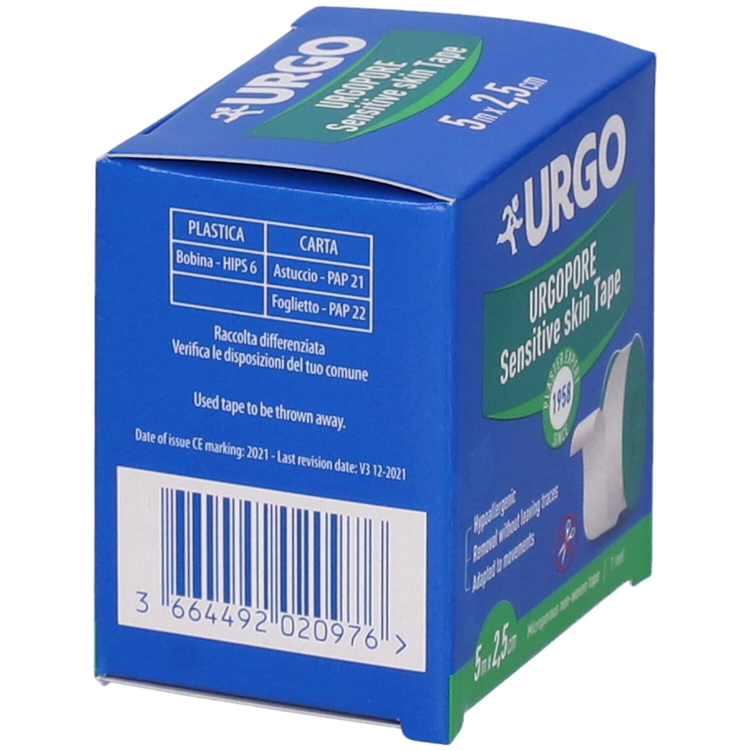 Retro della confezione blu Urgopore Sensitive skin Tape. Contiene informazioni sullo smaltimento e un codice a barre. Marcatura CE 2021.