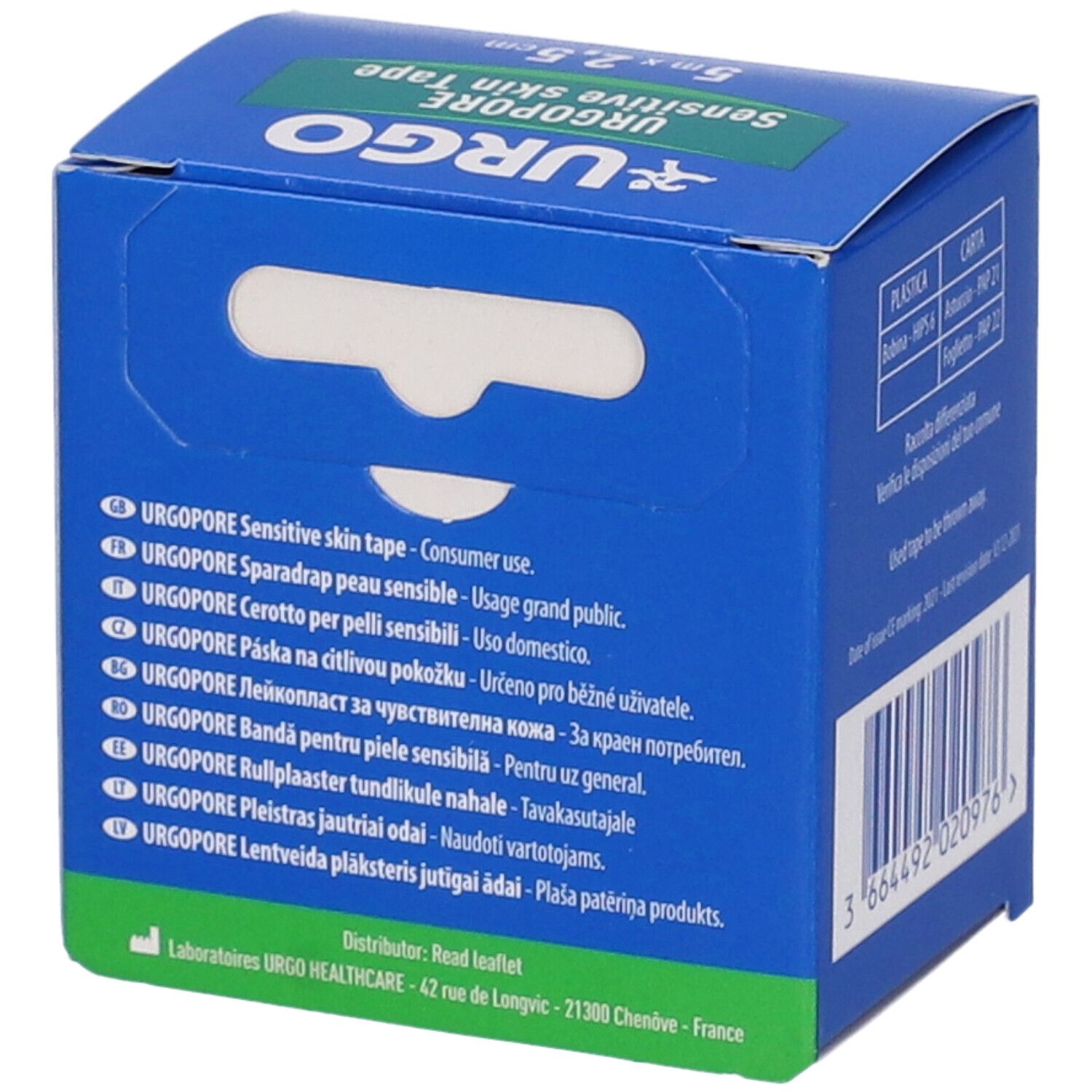 Retro della confezione blu Urgopore Sensitive skin Tape. Denominazioni multilingue del prodotto e codice a barre.
