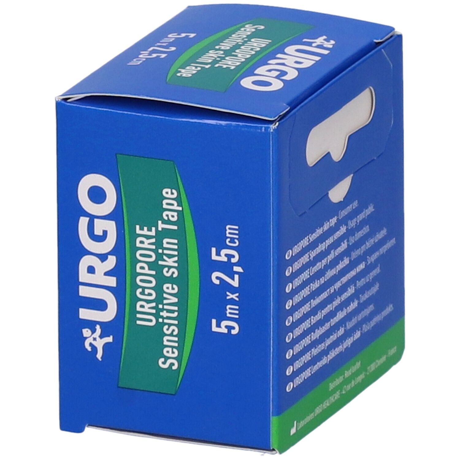 Confezione blu Urgopore Sensitive skin Tape. Dimensioni: 5m x 2,5cm. Logo: URGO. Nome e logo del prodotto ben visibili.