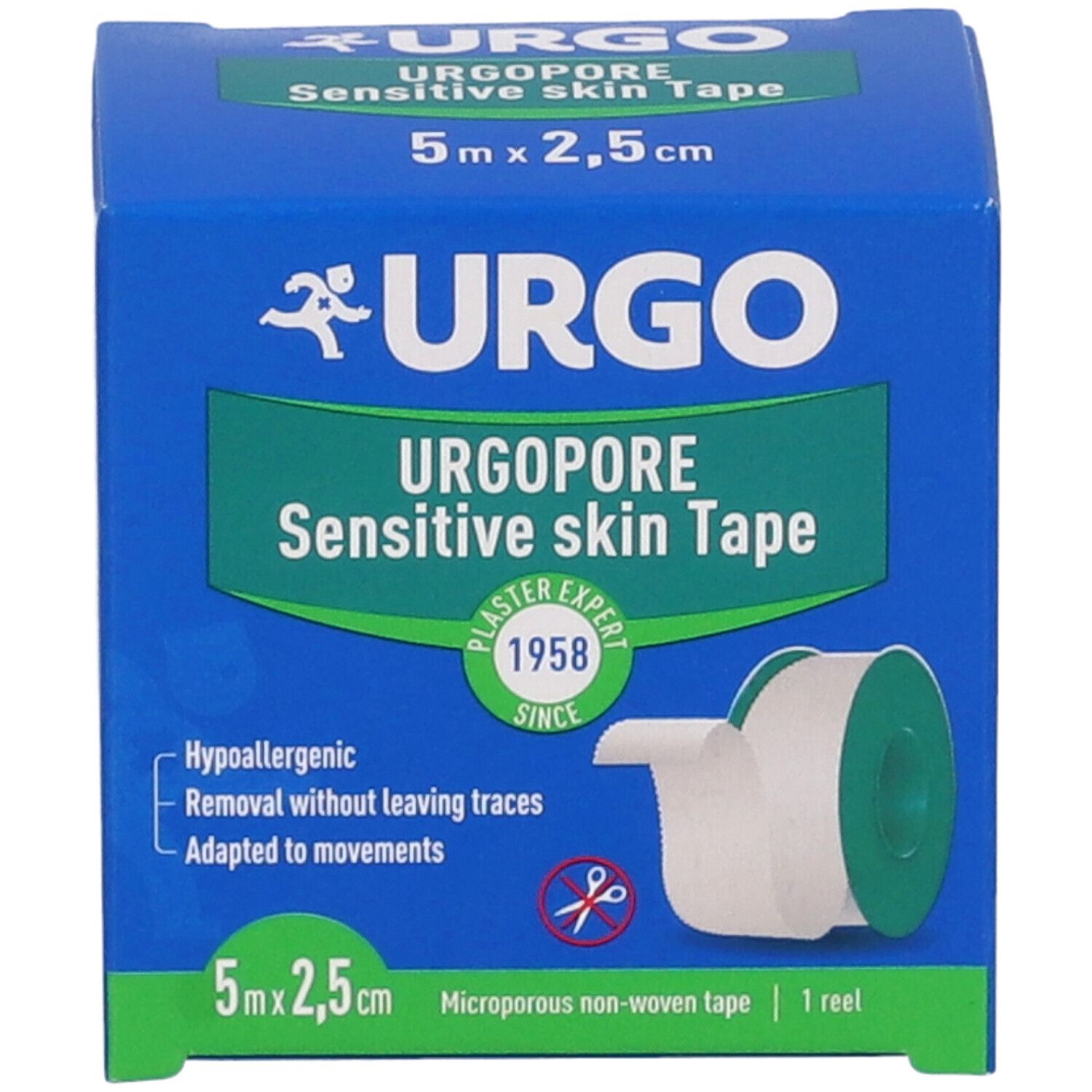 Confezione blu Urgopore Sensitive skin Tape. Contiene un rotolo. Dimensioni: 5m x 2,5cm. Testo: Ipoallergenico, rimozione senza tracce, adatto ai movimenti.