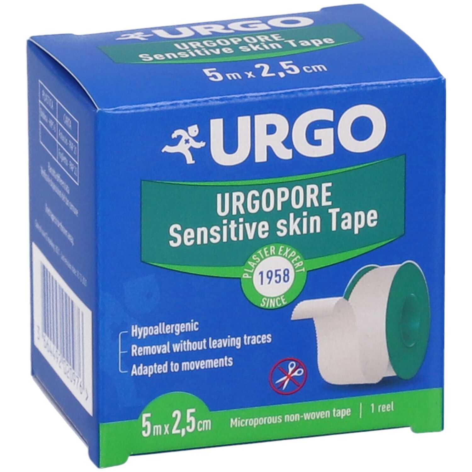 Confezione blu Urgopore Sensitive skin Tape. Contiene un rotolo. Dimensioni: 5m x 2,5cm. Testo: Ipoallergenico, rimozione senza tracce, adatto ai movimenti.