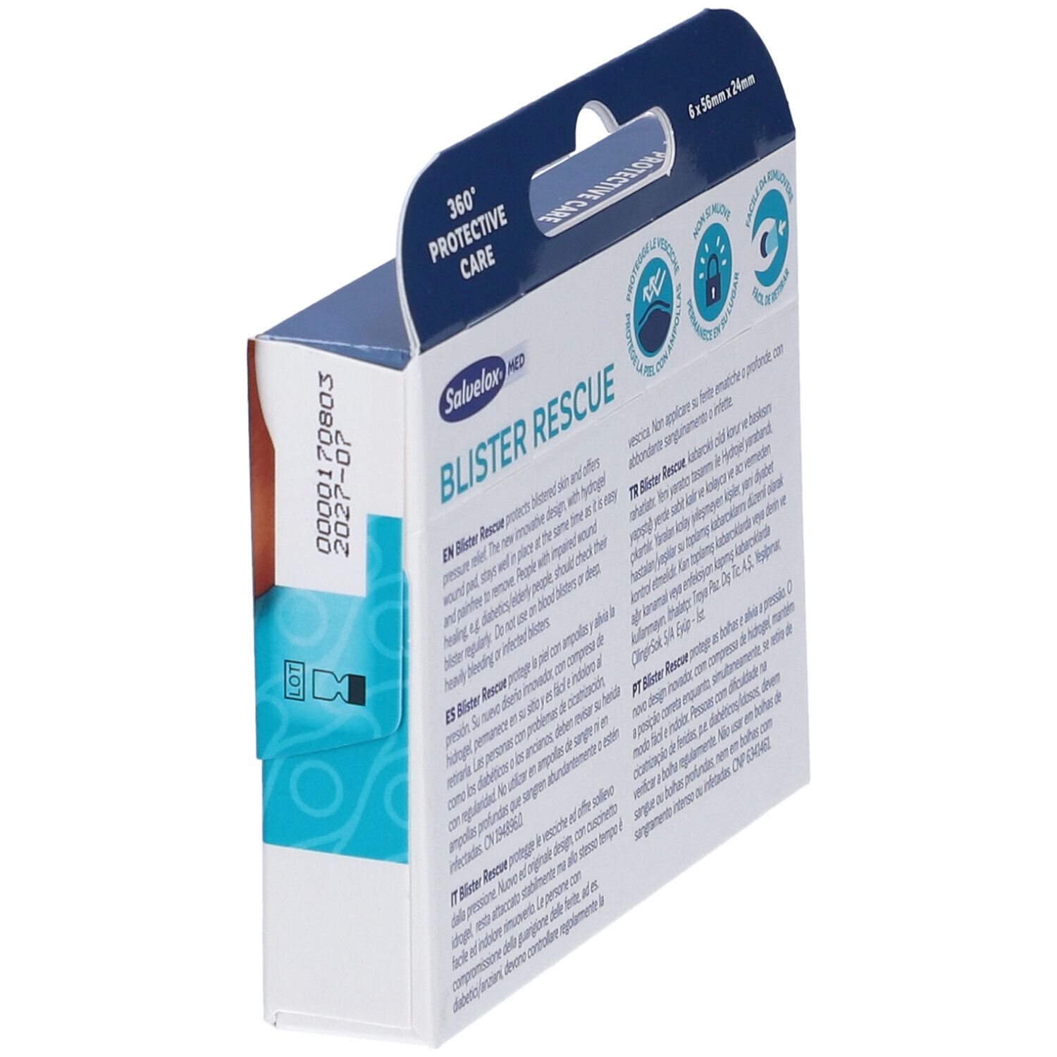 Vista laterale della confezione Salvelox Med Blister Rescue. Contiene testo e simboli. Data.