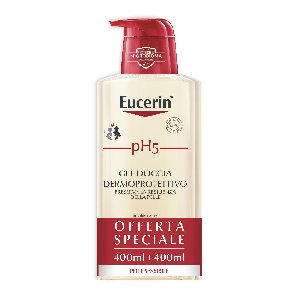 Flacone di gel doccia Eucerin pH5 con erogatore rosso. Scritta: pH5, Gel Doccia Dermoprotettivo, 400ml + 400ml, Pelle Sensibile.