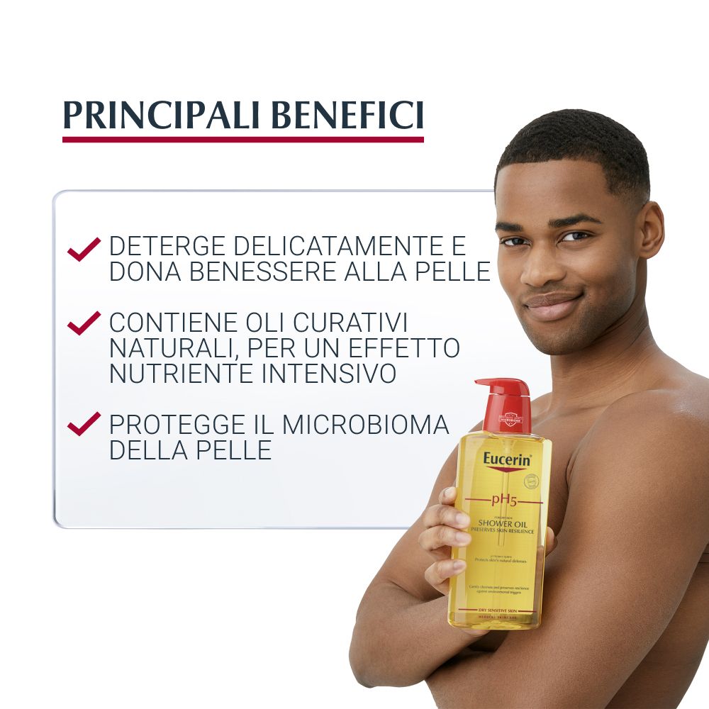 Uomo tiene Eucerin pH5 Shower Oil. Testo: 'Deterge delicatamente e dona benessere alla pelle'.